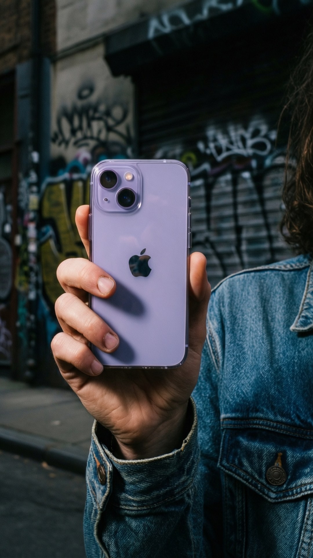 穿著牛仔外套的人拿著薰衣草色iPhone 13 Pro站在塗鴉牆前 — iPhone 11 壁紙