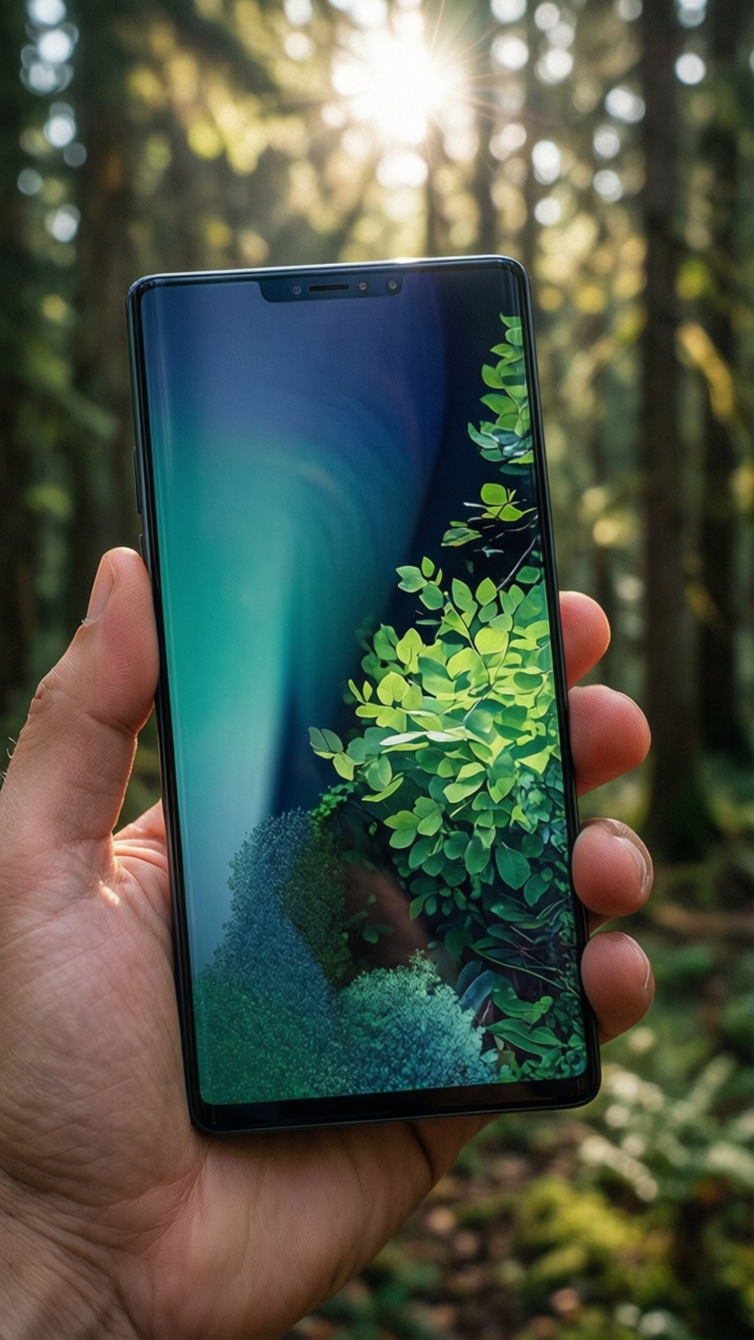 Nature on Note 10 壁紙 — 一隻手拿著智慧型手機，顯示一個充滿活力的森林桌布，陽光穿過樹木，在陽光明媚的樹林中。