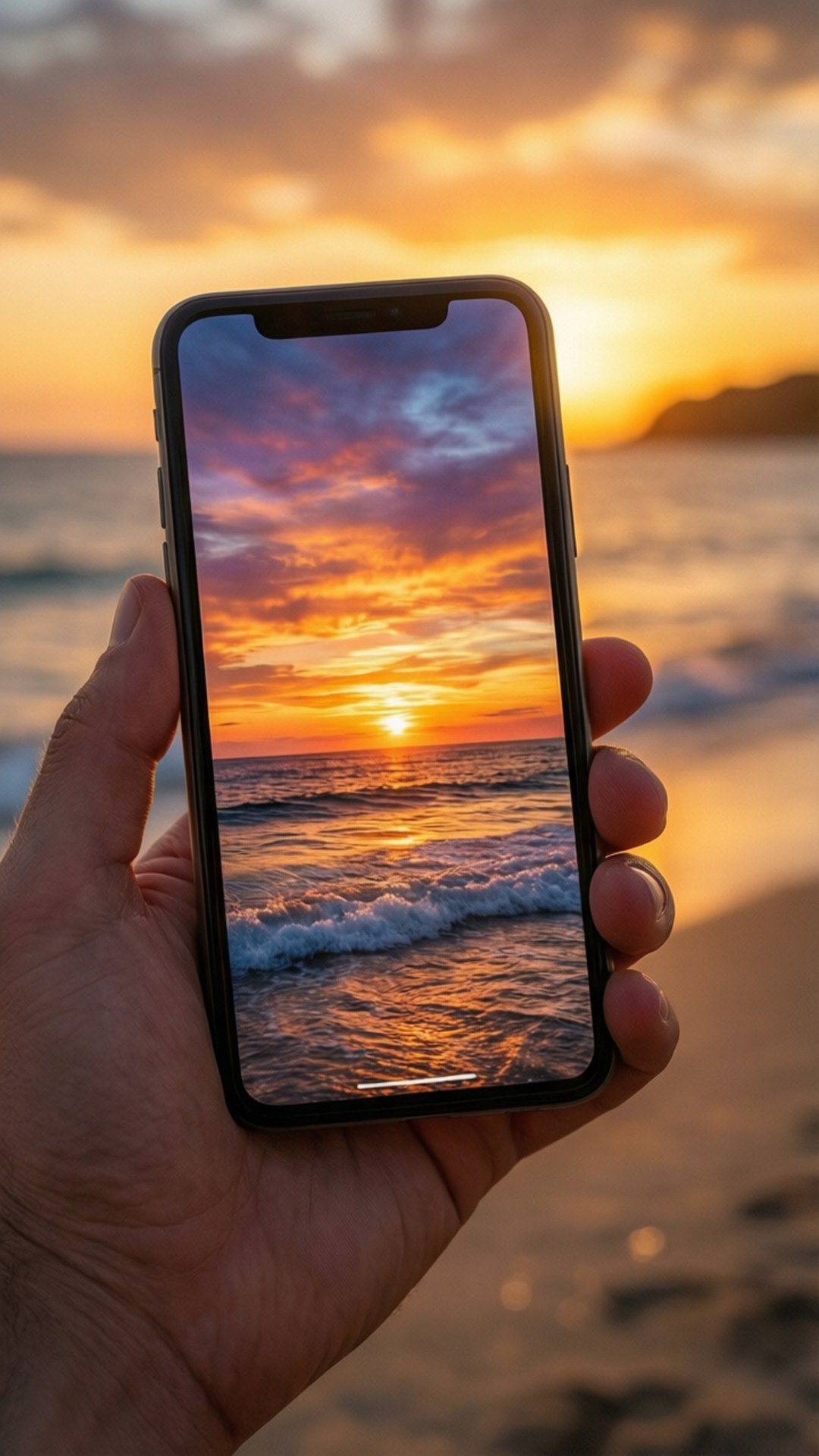 手拿著電話顯示海灘上夕陽在海浪上 — iPhone 11 壁紙