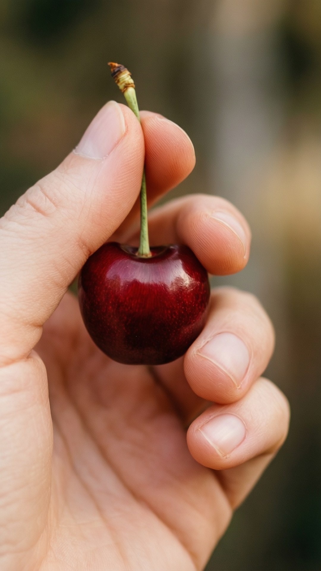 Gentle Touch Cherry 壁紙 — 一隻手輕輕地拿著一顆帶有綠色莖的亮澤深紅色櫻桃，背景是柔和模糊的自然景色。