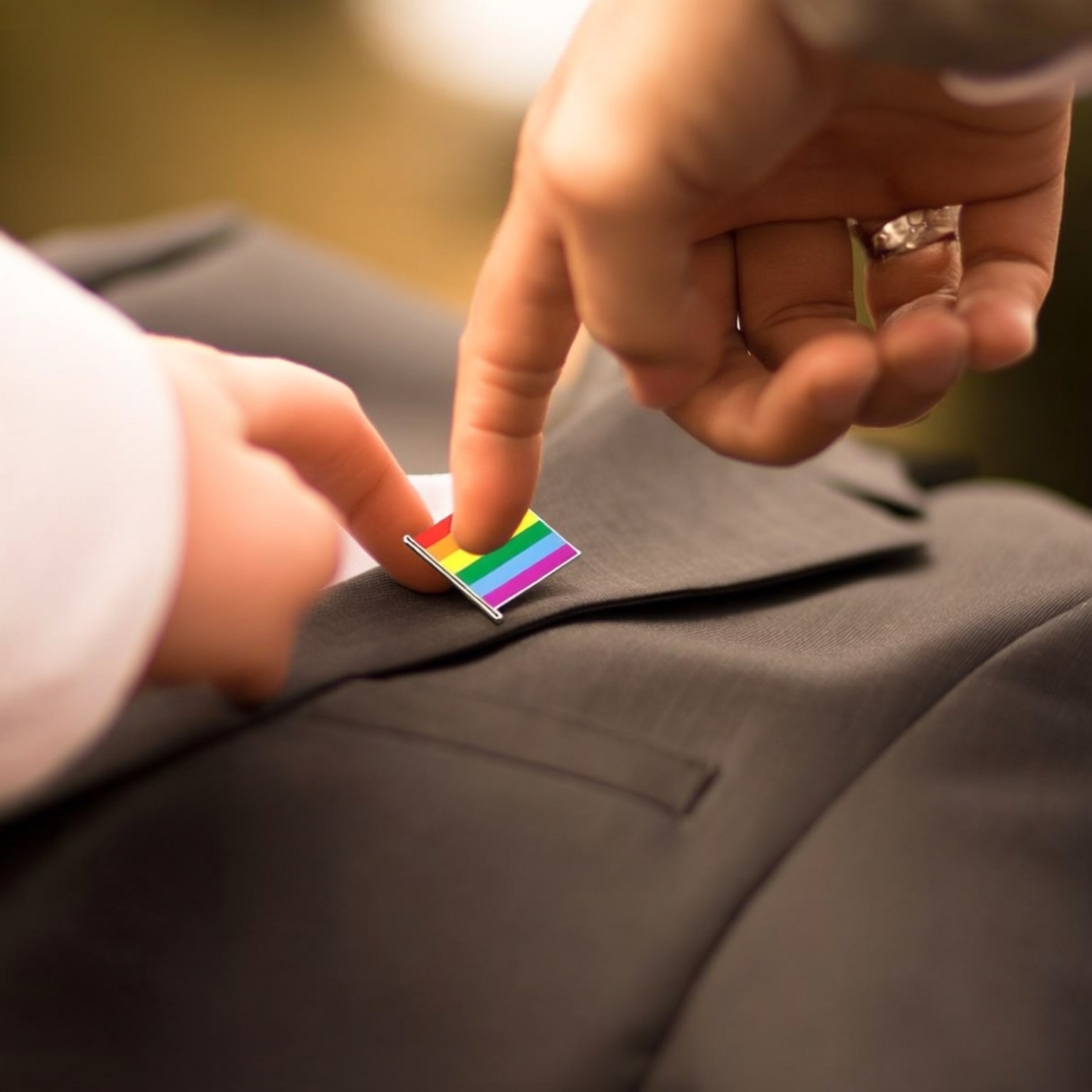 Unity Pride Pin Touch 壁紙 — 一隻手小心地將一個細小的彩虹旗別針別在一個戴著結婚戒指的人所穿的深色西裝外套上。