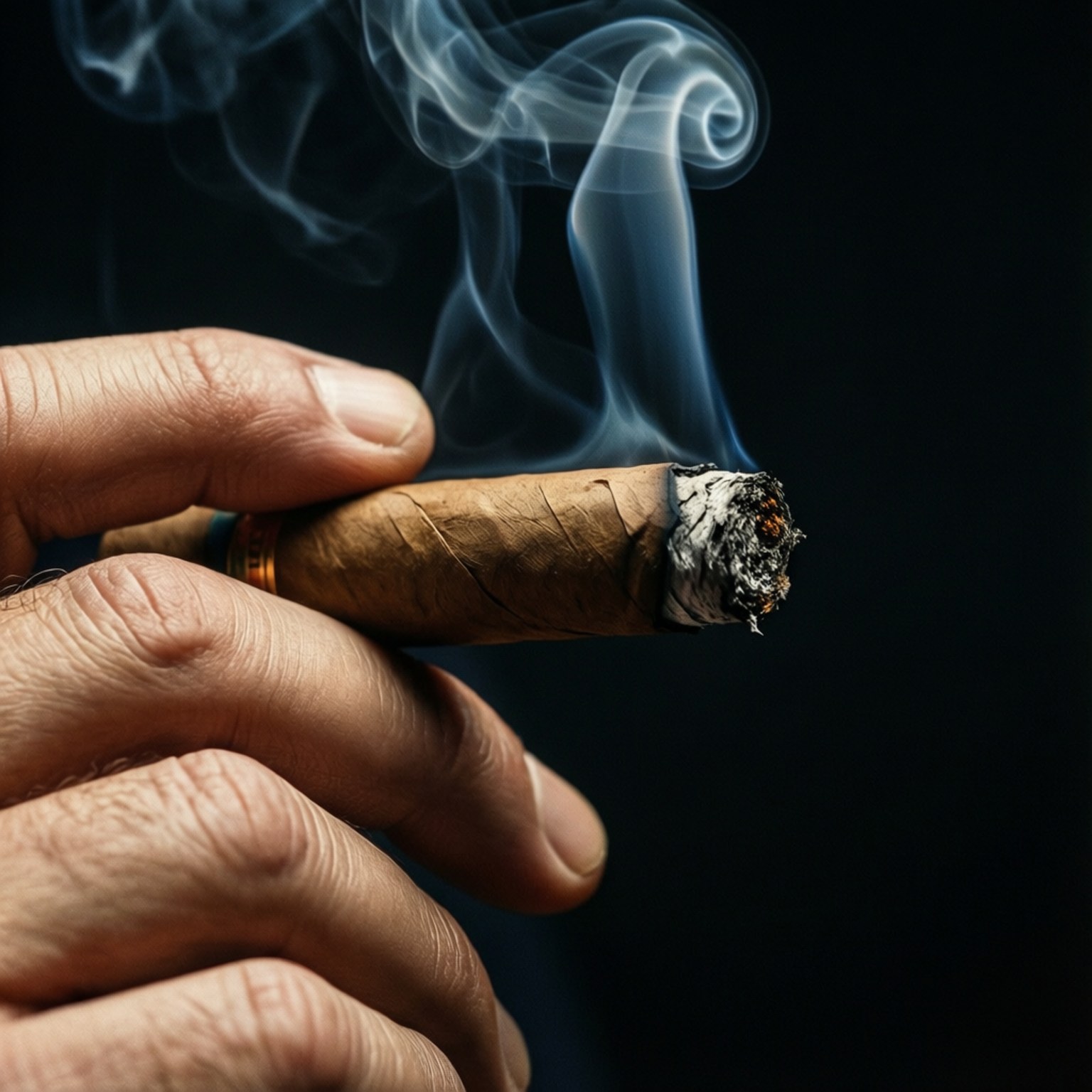Cigar Smoke Detail 壁紙 — 一隻手在黑色背景前拿著一支點燃的雪茄，煙霧縷縷向上盤旋。