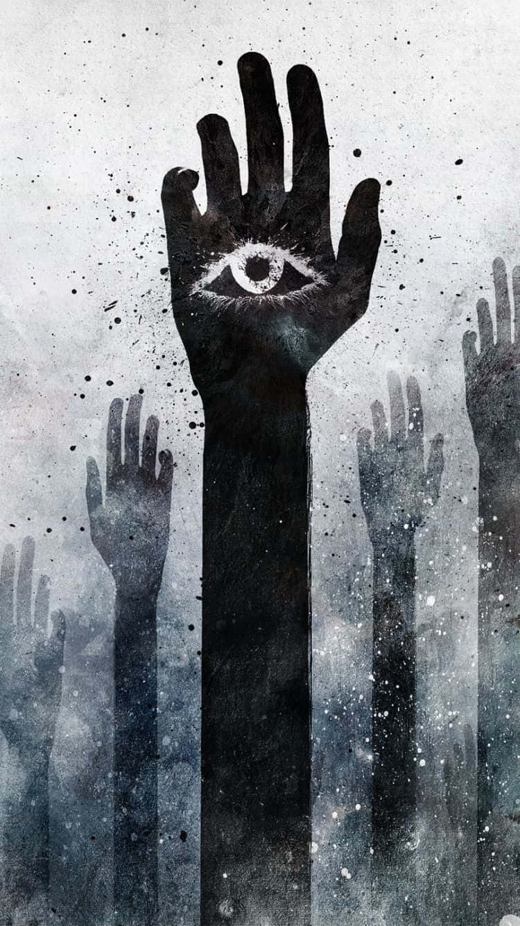  壁紙 — 一隻手掌上有眼睛的黑暗之手在霧濛濛的黑白場景中升到其他手之上。