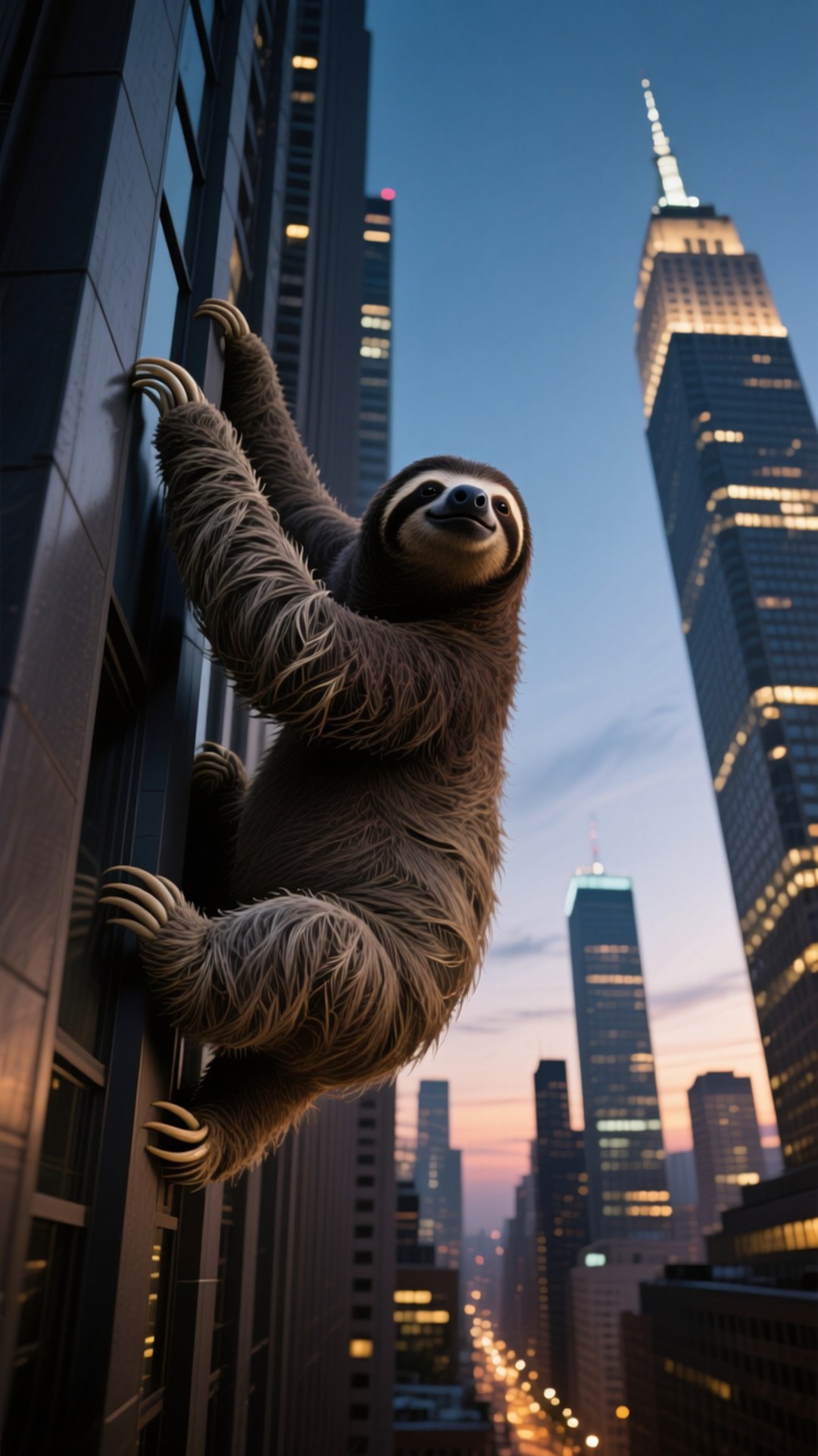 Skyscraper Sloth Climber 壁紙 — 一隻樹懶緊貼摩天大樓外牆，背景是暮色城市景觀和燈火通明的塔樓。