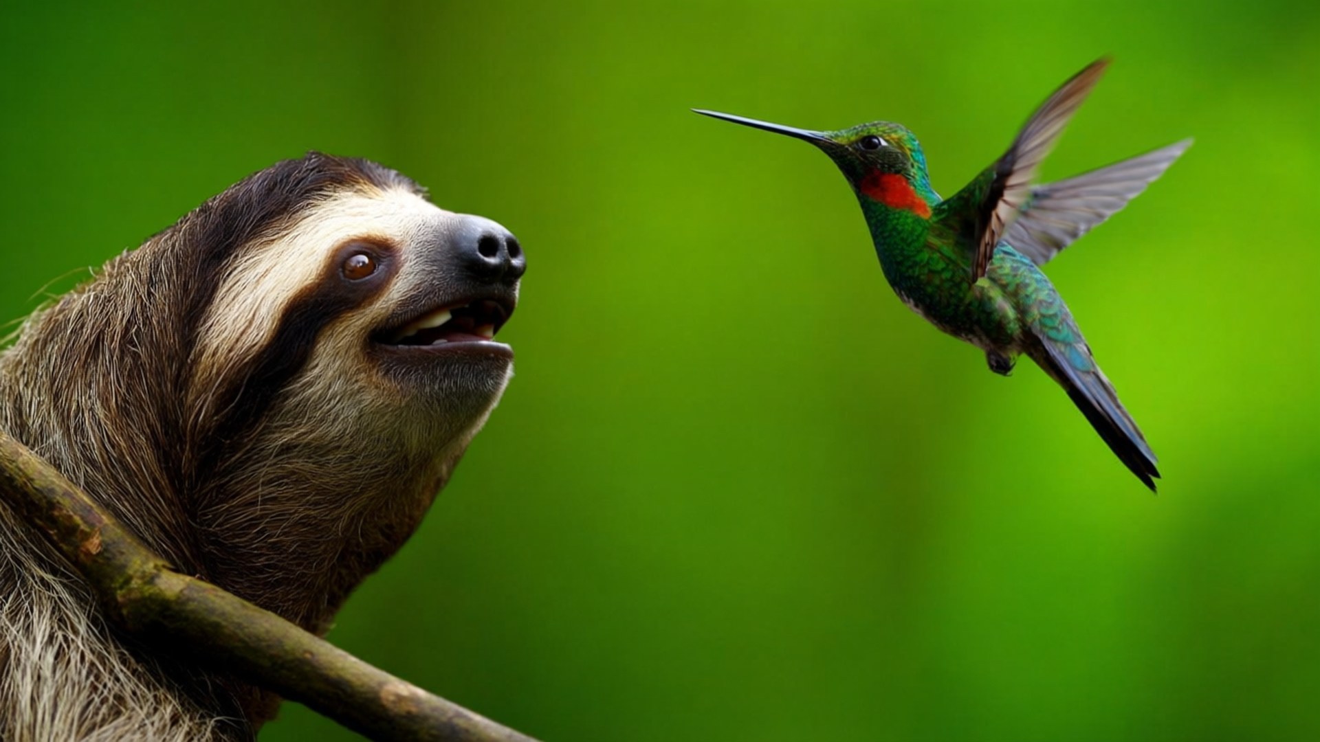 Sloth and Hummingbird 壁紙 — 一隻樹懶向上凝視，一隻鮮綠色蜂鳥在茂密綠色背景中懸停在空中。