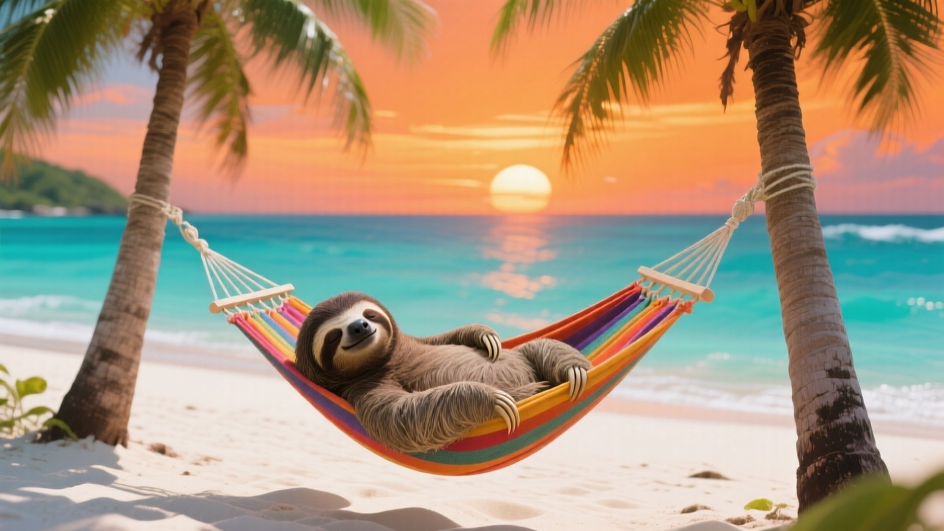 Hammock Sloth Sunset 壁紙 — 一隻樹懶在日落時分的熱帶海灘上，舒適地躺在棕櫚樹之間的彩虹吊床上。
