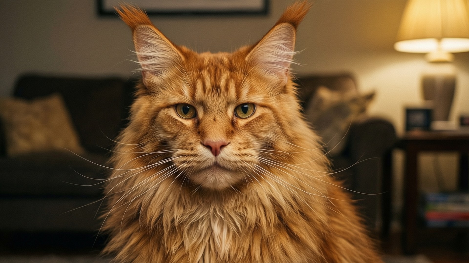 Maine Coon Fur Fluff 壁紙 — 一隻威風的橙色虎斑貓，長毛，綠色眼睛炯炯有神，在溫暖的客廳裡直視鏡頭。