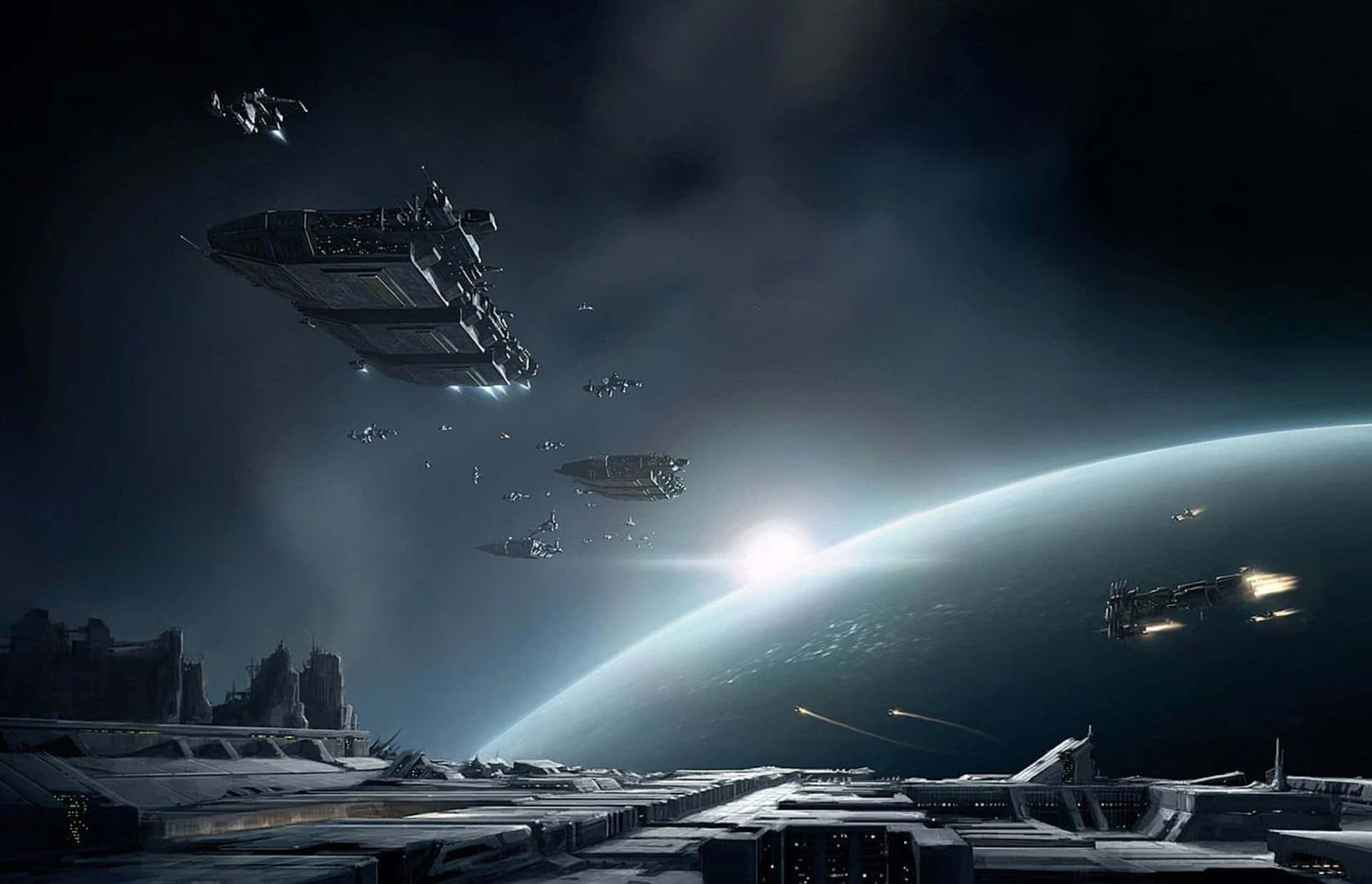  壁紙 — 一支未來太空船艦隊在一個發光行星上空戰鬥，太陽正從其彎曲的地平線升起。