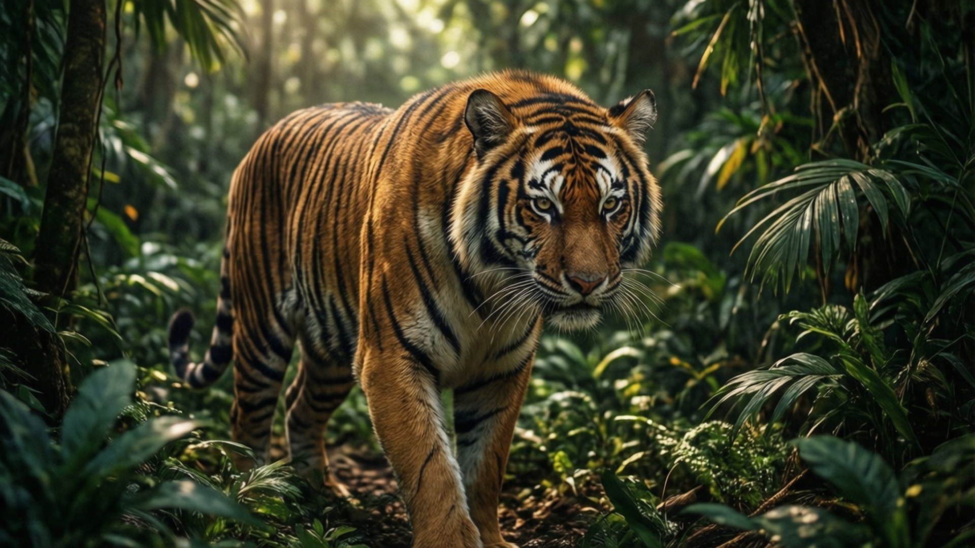 Jungle Tiger Stripes 壁紙 — 一隻威猛的老虎在陽光明媚的叢林中行走，斑駁的光線穿過茂密的綠色樹葉。