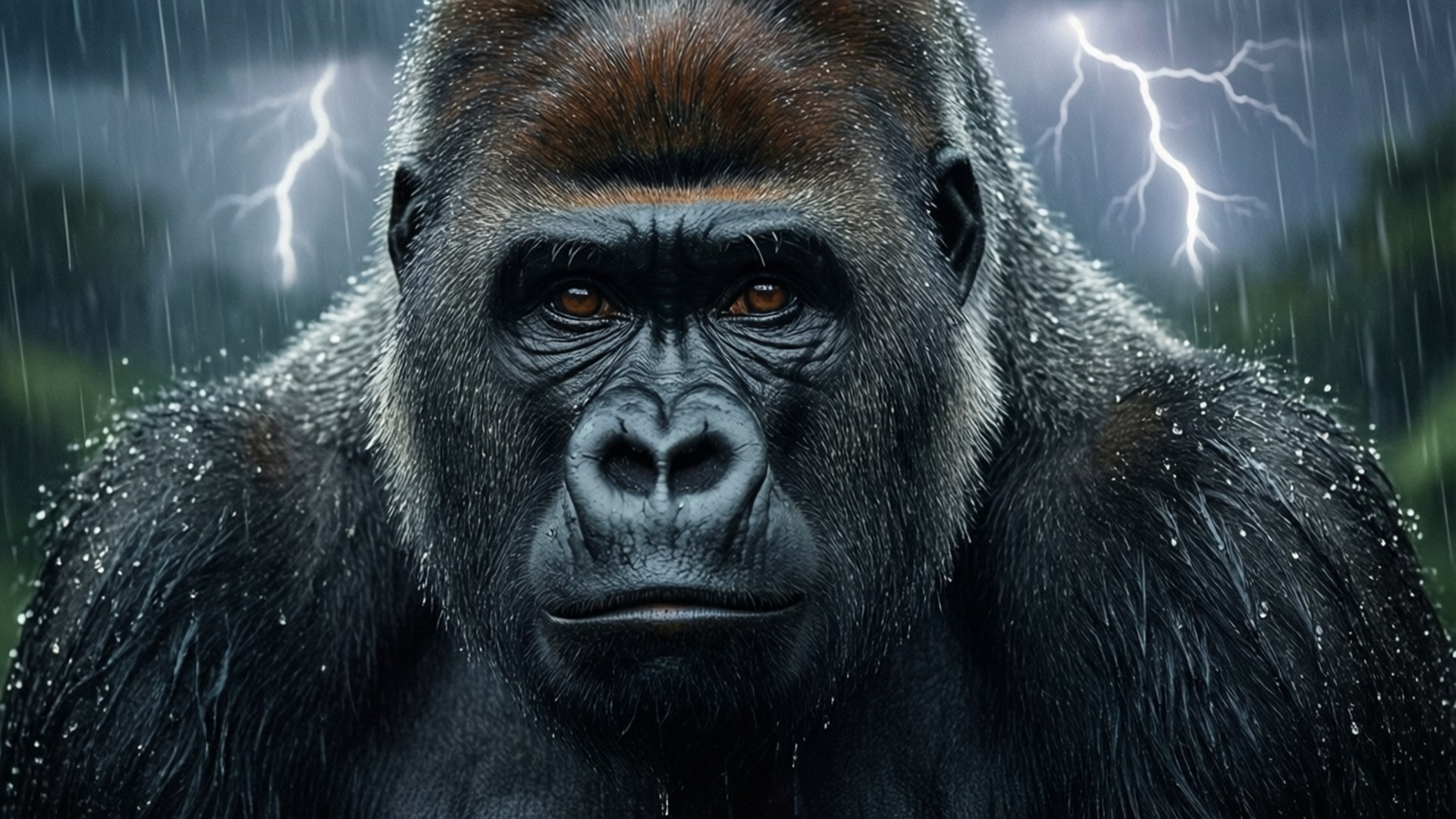 Stormy Gorilla 壁紙 — 一隻威嚴的銀背大猩猩在暴風雨中凝視，閃電在其濕透的毛髮後閃爍。