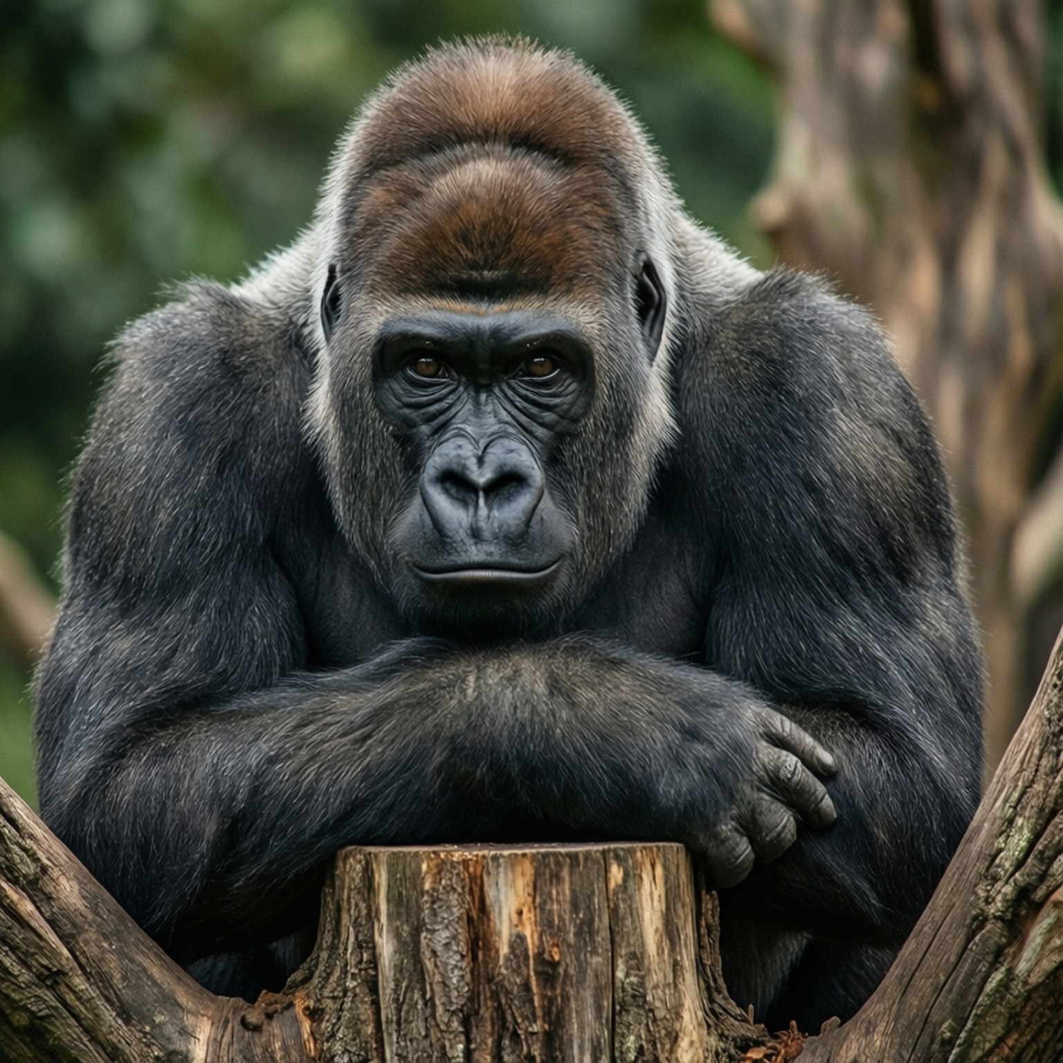 Resting Gorilla 壁紙 — 一隻威嚴的銀背大猩猩在茂密的綠色森林中，雙臂交叉放在樹樁上休息。
