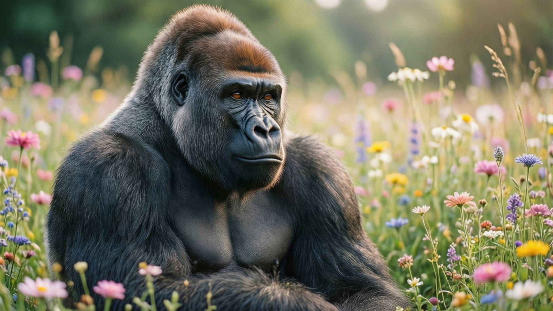 Gorilla in Flowers 壁紙 — 一隻威嚴的銀背大猩猩在柔和的金色陽光下，平靜地坐在一片生機勃勃的野花田中。