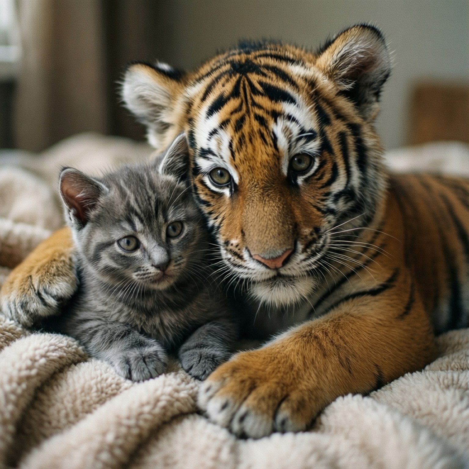 Unlikely Cuddle 壁紙 — 一隻細小的灰色虎斑貓寶寶依偎著一隻年輕的老虎寶寶在柔軟的米色毯子上。