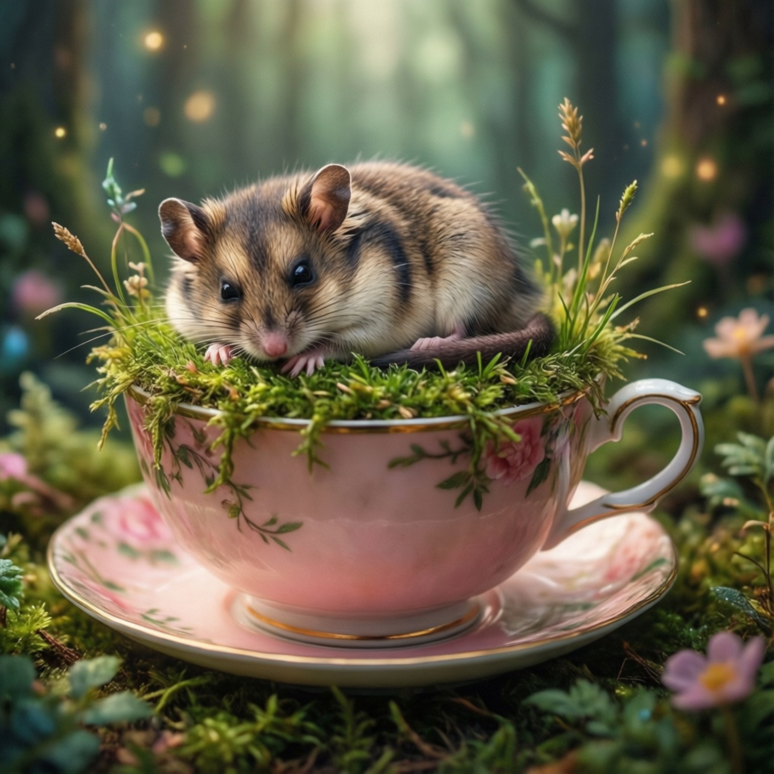Hibernation 桌布 壁紙 — 一隻細小的條紋老鼠好奇地從一個粉紅色花卉茶杯中探出頭來，茶杯裡滿是苔蘚和野花，在陽光斑駁的森林中。