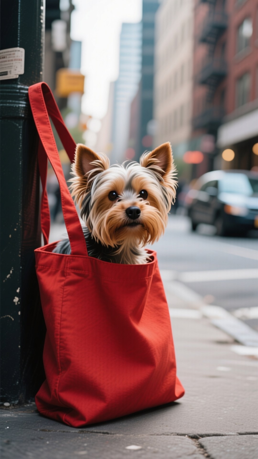 Tote Bag Peek 壁紙 — 一隻細小的約克夏㹴好奇地從一個靠在城市人行道柱子上的亮紅色托特包中探出頭來。
