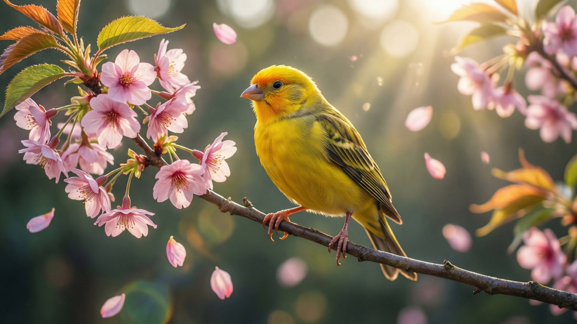 Canary on Cherry Blossom 壁紙 — 一隻鮮黃色的鳥棲息在櫻花枝上，陽光穿過飄落的粉紅色花瓣。