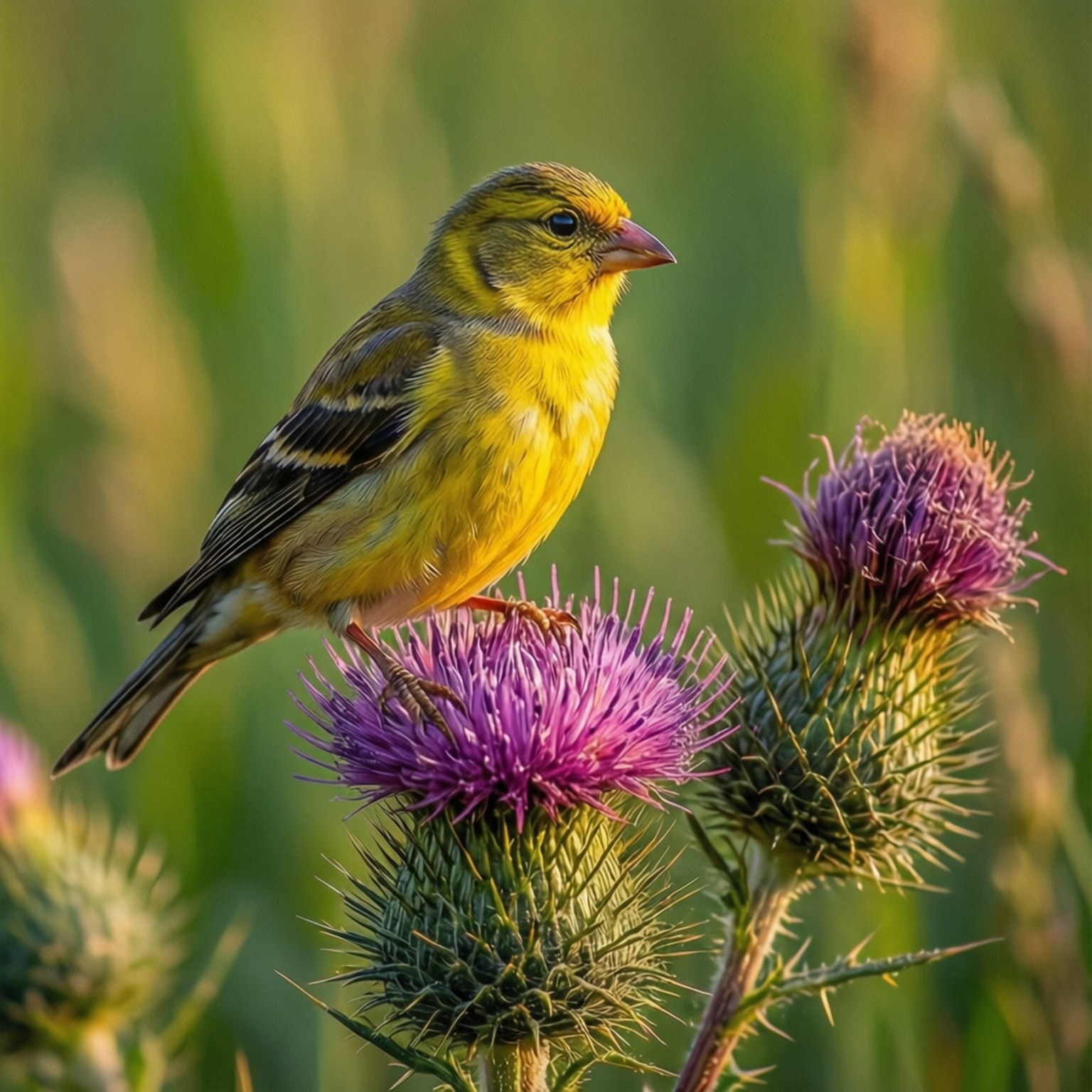 Goldfinch on Thistle 壁紙 — 一隻鮮黃色的小鳥輕柔地棲息在一朵帶刺的紫色薊花上，背景是柔和的綠色模糊背景。