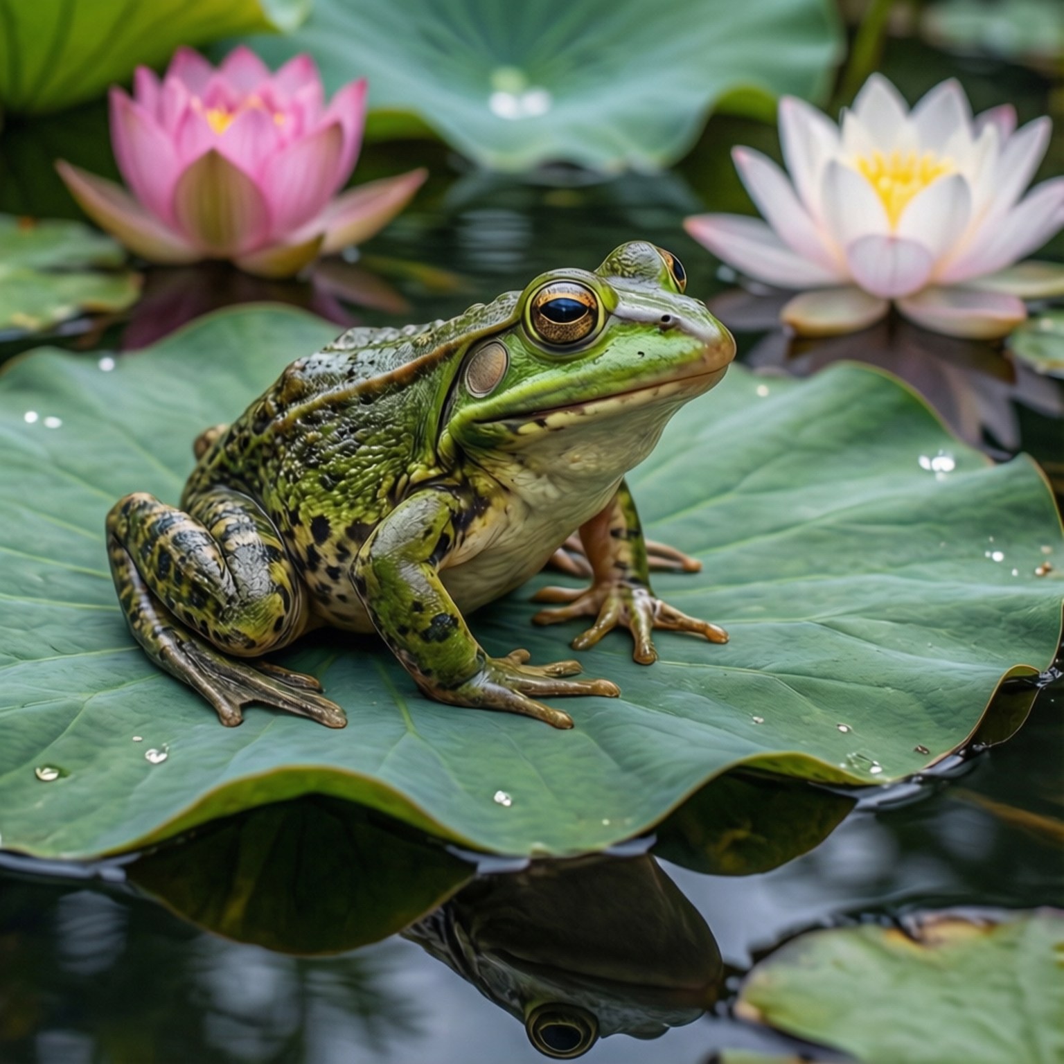 蓮花蛙獸人 壁紙 — 一隻鮮綠色的青蛙棲息在一片大荷葉上，周圍是粉紅色和白色的睡蓮，在寧靜的池塘中。