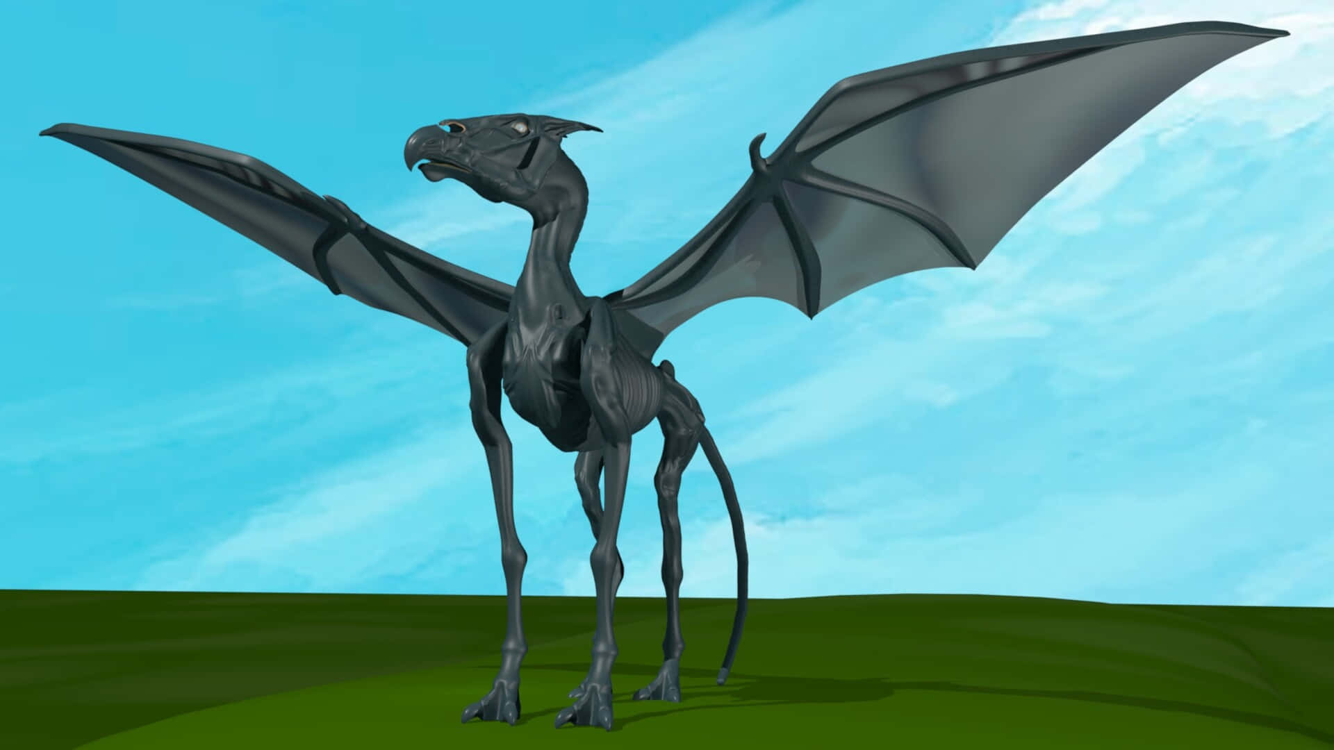 Thestral 桌布 壁紙 — 一隻線條流暢的黑色龍，擁有蝙蝠般的翅膀，站在陽光明媚的藍天下長滿青草的山丘上。