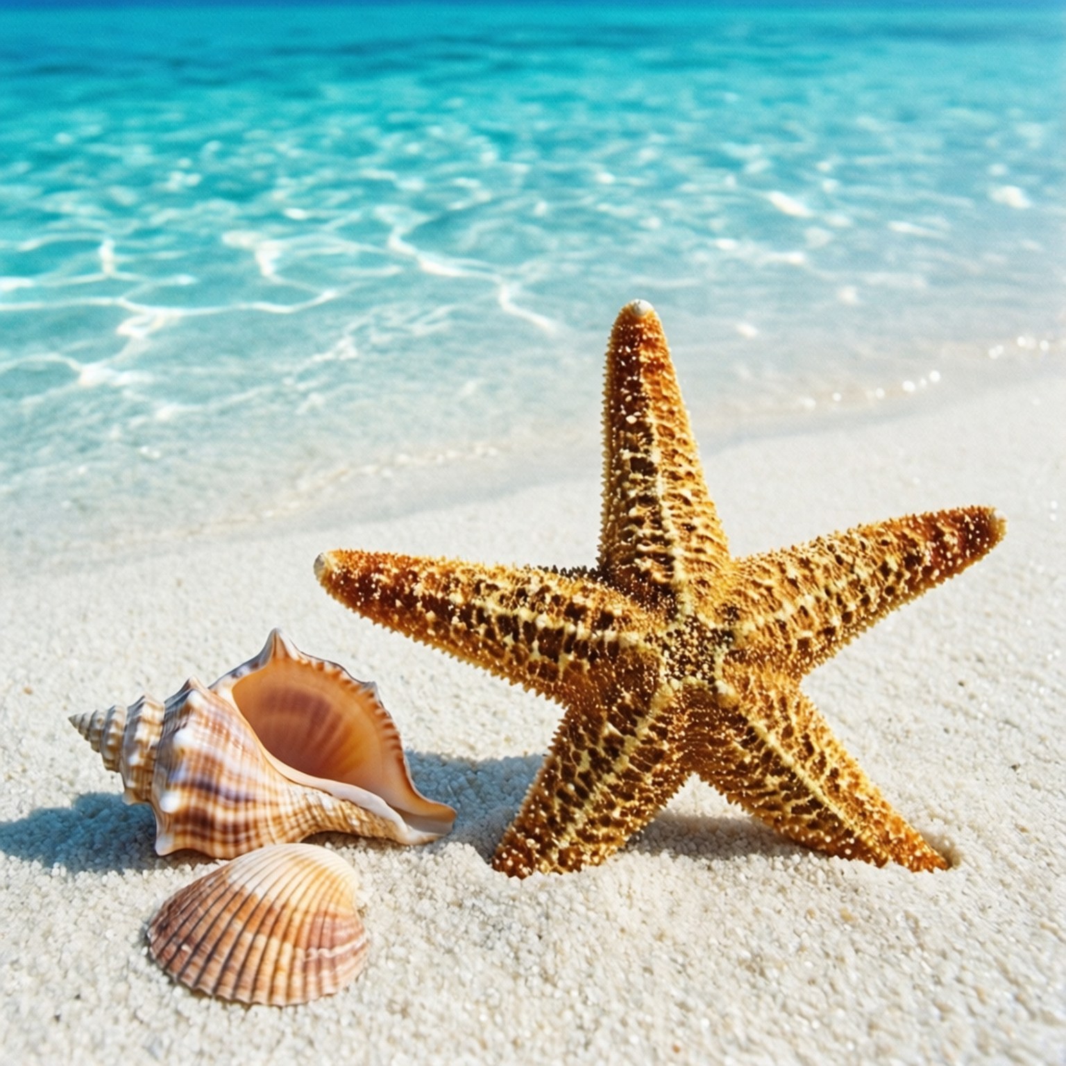 Beach Treasures Closeup 壁紙 — 一隻鮮豔的橙色海星和兩個貝殼放在純白沙灘上，旁邊是碧綠的海浪。