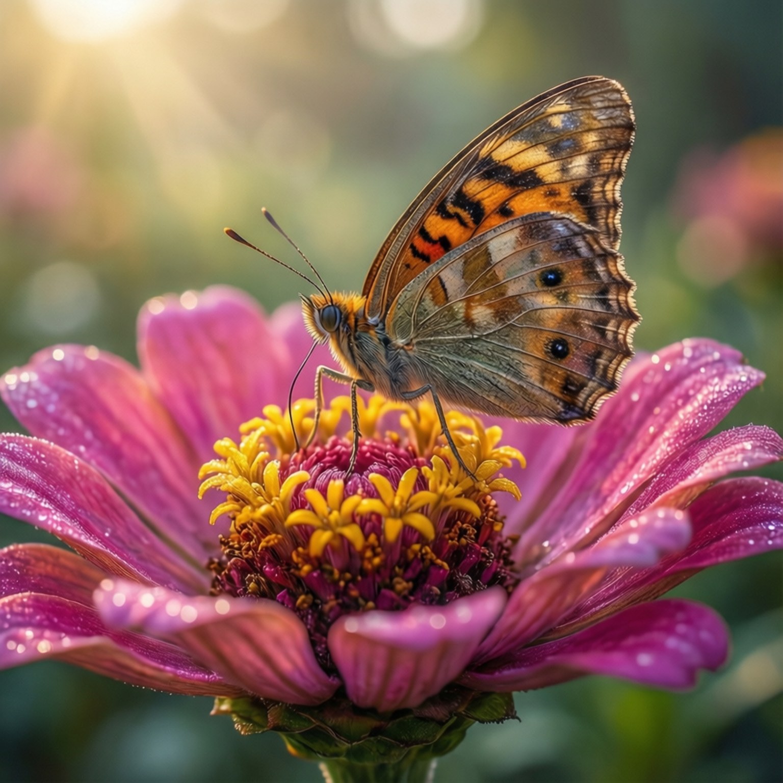 Butterfly Blossom 壁紙 — 一隻鮮豔的橙色和棕色蝴蝶輕柔地停在一朵帶有金色花心的粉紅色百日菊上，花瓣上沾滿露珠。
