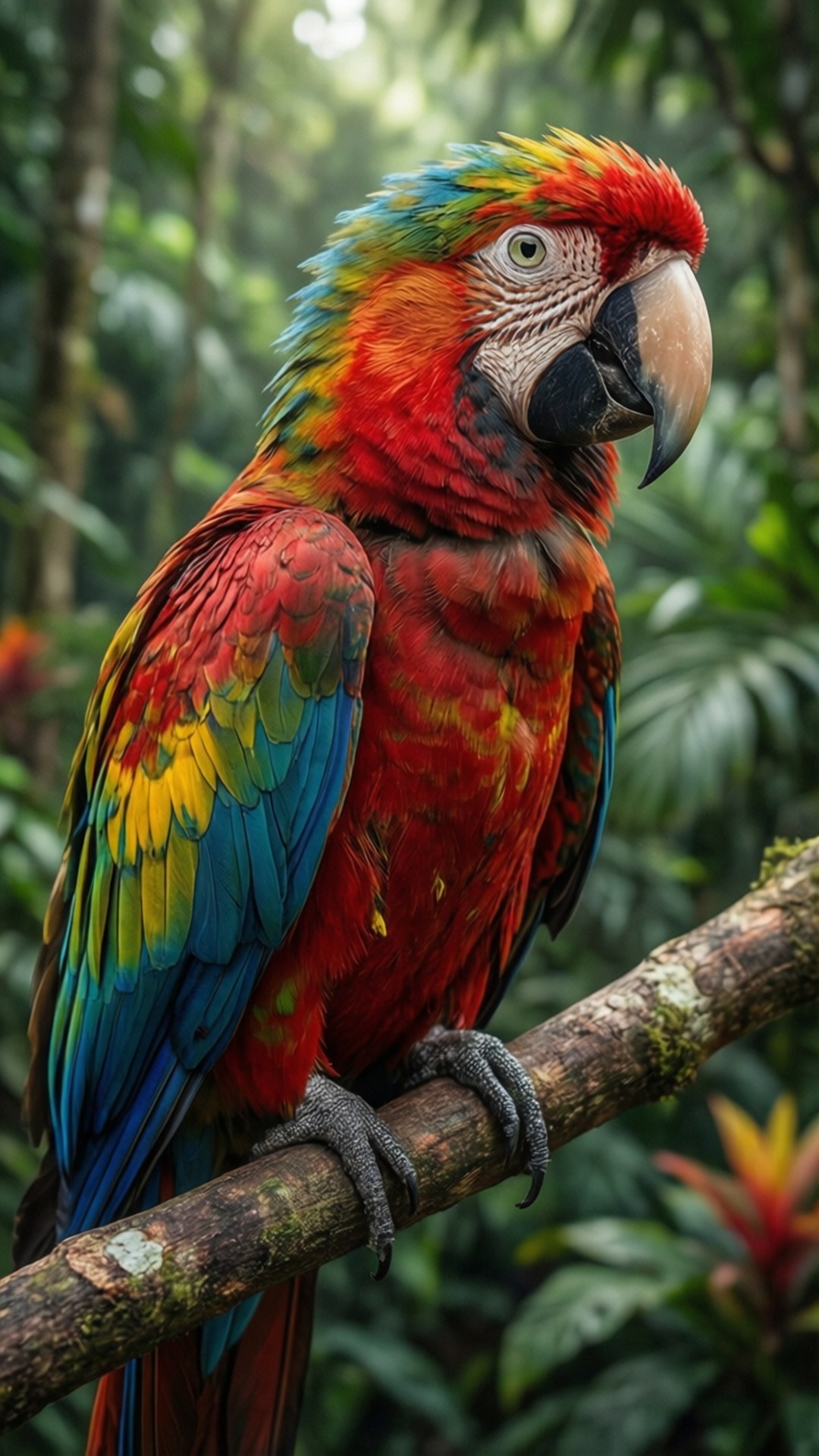 Tropical Parrot Perch 壁紙 — 一隻鮮豔的緋紅金剛鸚鵡棲息在長滿苔蘚的樹枝上，身處茂密的綠色叢林，陽光穿過樹冠灑落。