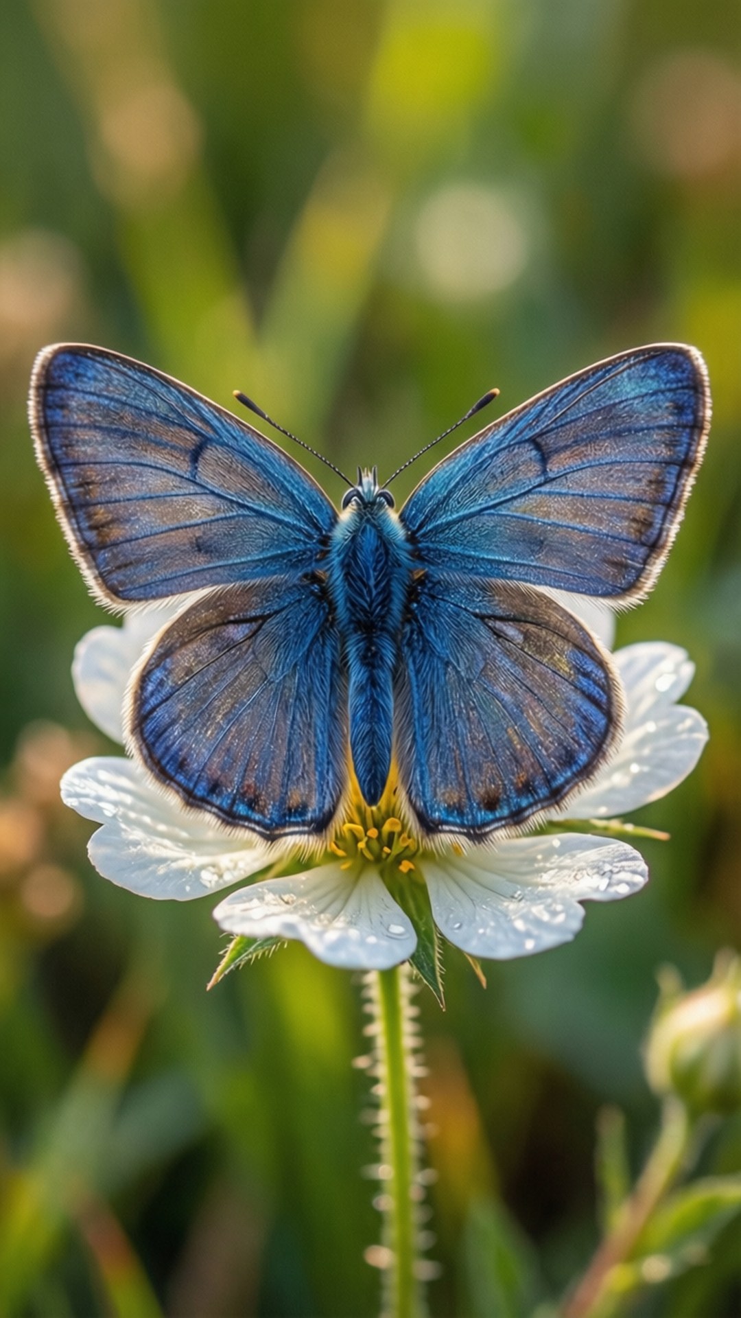 Butterfly on Bloom 壁紙 — 一隻鮮豔的藍色蝴蝶，翅膀精緻，優雅地停在一朵帶有露珠的白花上，在陽光明媚的草地上。