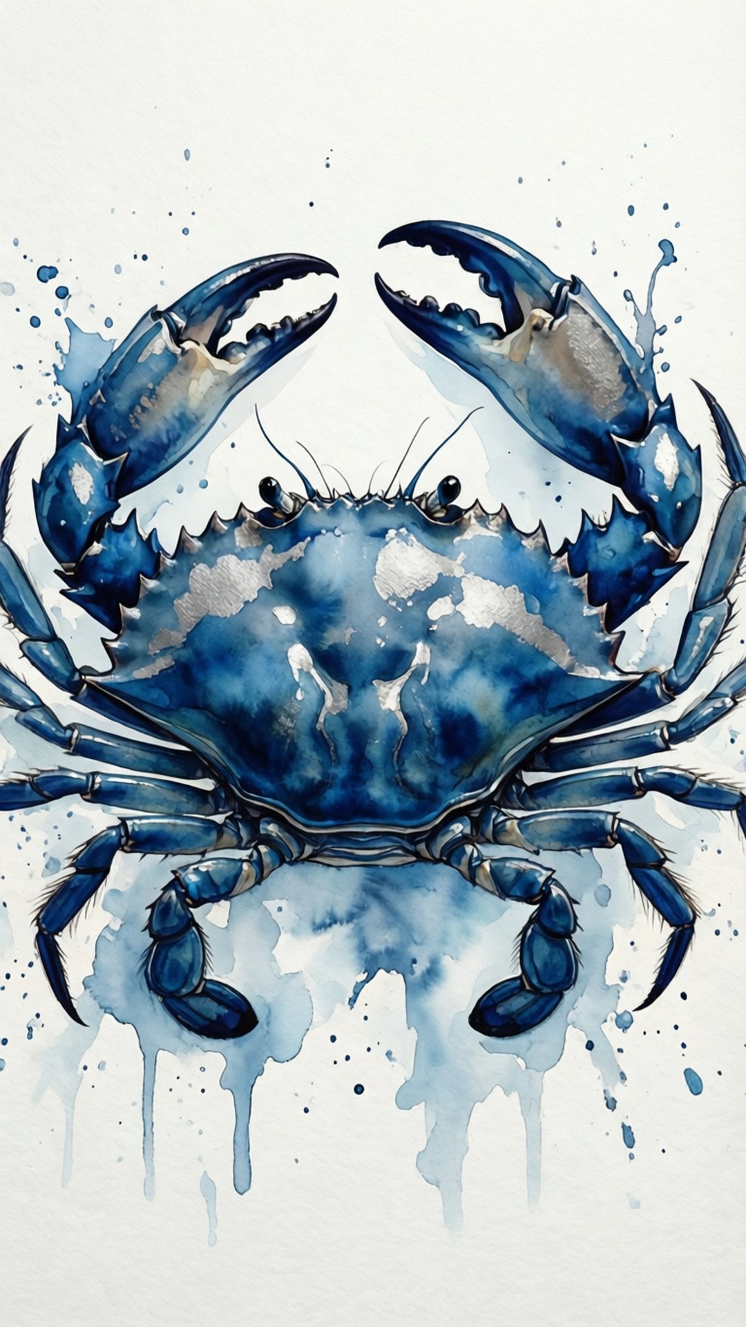 Watercolor Crab Splash 壁紙 — 一隻鮮豔的藍色螃蟹，以水彩畫成，帶有動態的飛濺和滴落效果，背景為白色。