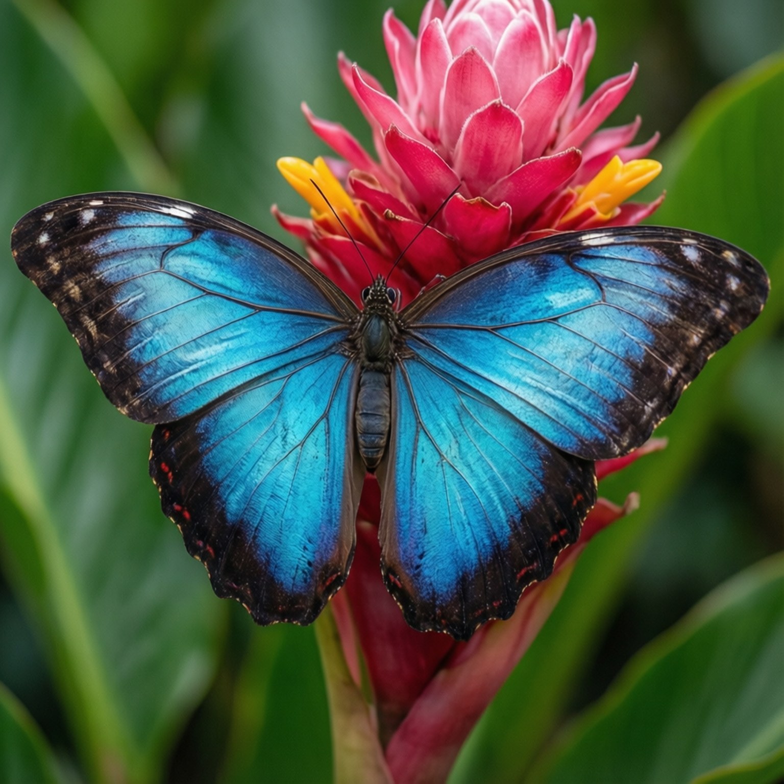 Blue Morpho Butterfly 壁紙 — 一隻鮮豔的藍色閃蝶，帶有彩虹色的翅膀，輕輕地停在一朵亮粉紅色和黃色的熱帶花上。