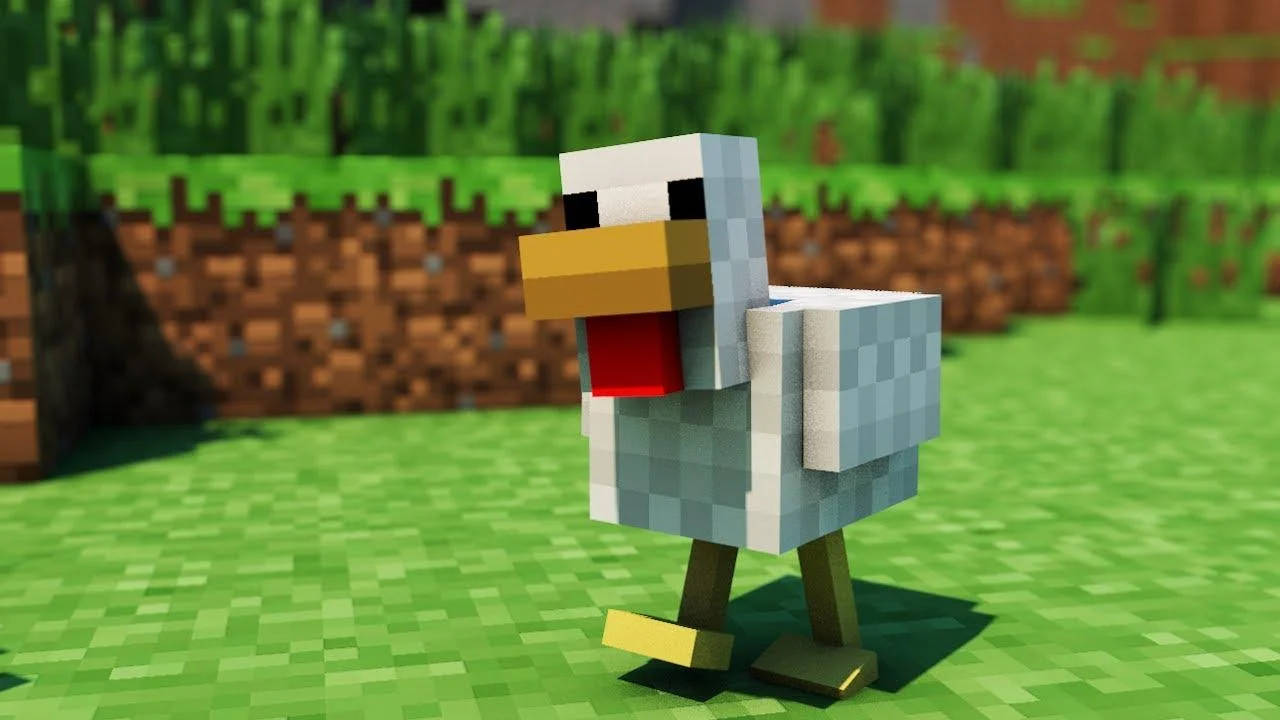 一隻像素化的Minecraft雞站在草地上，背景是方塊風格。 — 1280x720 Minecraft 壁紙 壁紙