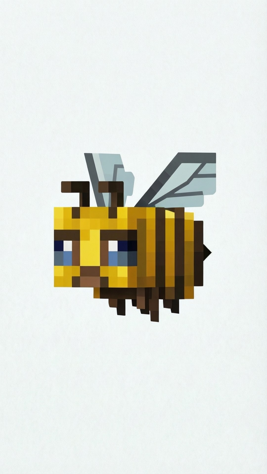 Minimalist Bee 壁紙 — 一隻像素化的Minecraft蜜蜂，帶有黃色和黑色條紋、藍色眼睛和灰色翅膀，漂浮在純白色背景上。