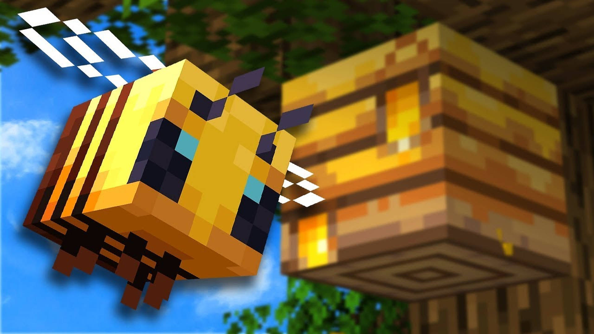 在方塊遊戲世界中，一隻Minecraft蜜蜂在木製蜂巢附近飛翔。 — 我的世界 蜜蜂 壁紙