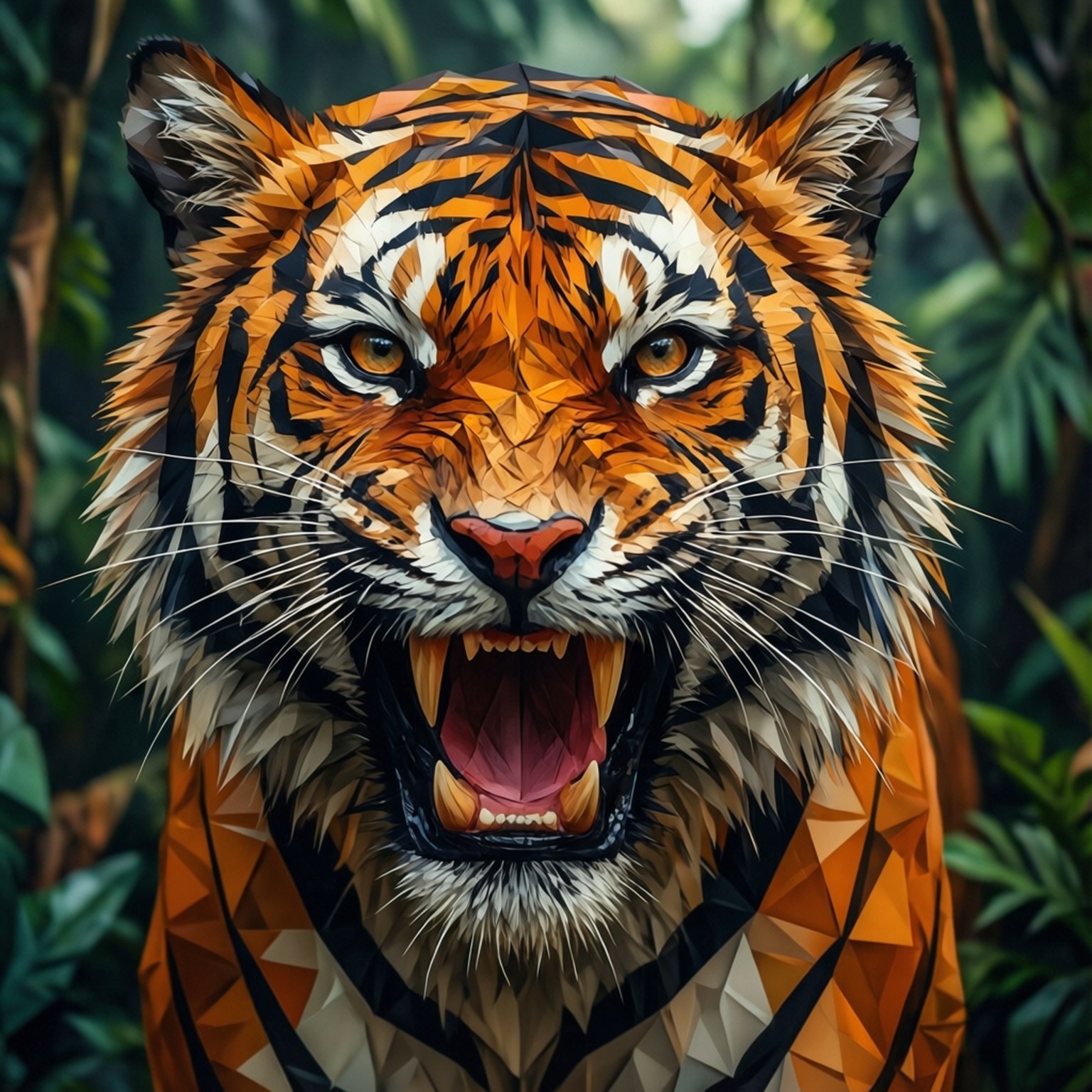 Roaring Tiger 壁紙 — 一隻兇猛的老虎在茂密的綠色叢林中張牙舞爪，以銳利的幾何多邊形藝術呈現。