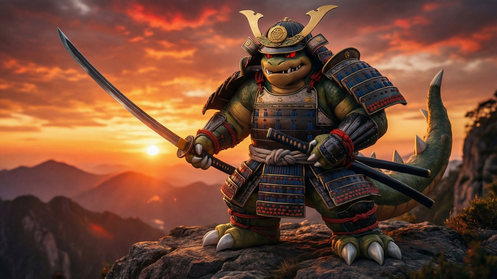 烈咬陸鯊 桌布 壁紙 — 一隻兇猛的裝甲鱷魚武士站在日落時分的岩石山頂上，揮舞著武士刀，映襯著火紅的橙色天空。