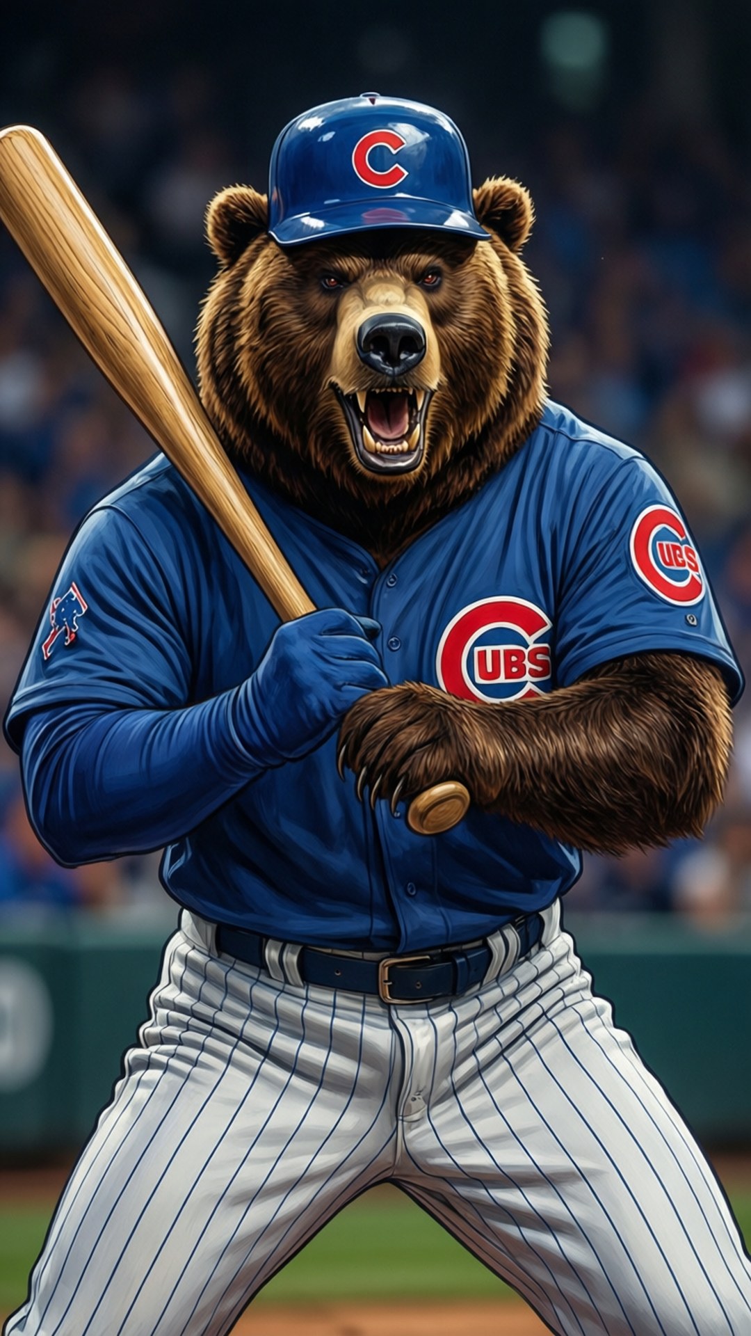 Cubs Mascot Action 壁紙 — 一隻兇猛的棕熊穿著藍色芝加哥小熊隊棒球制服，在球場上揮動木製球棒。