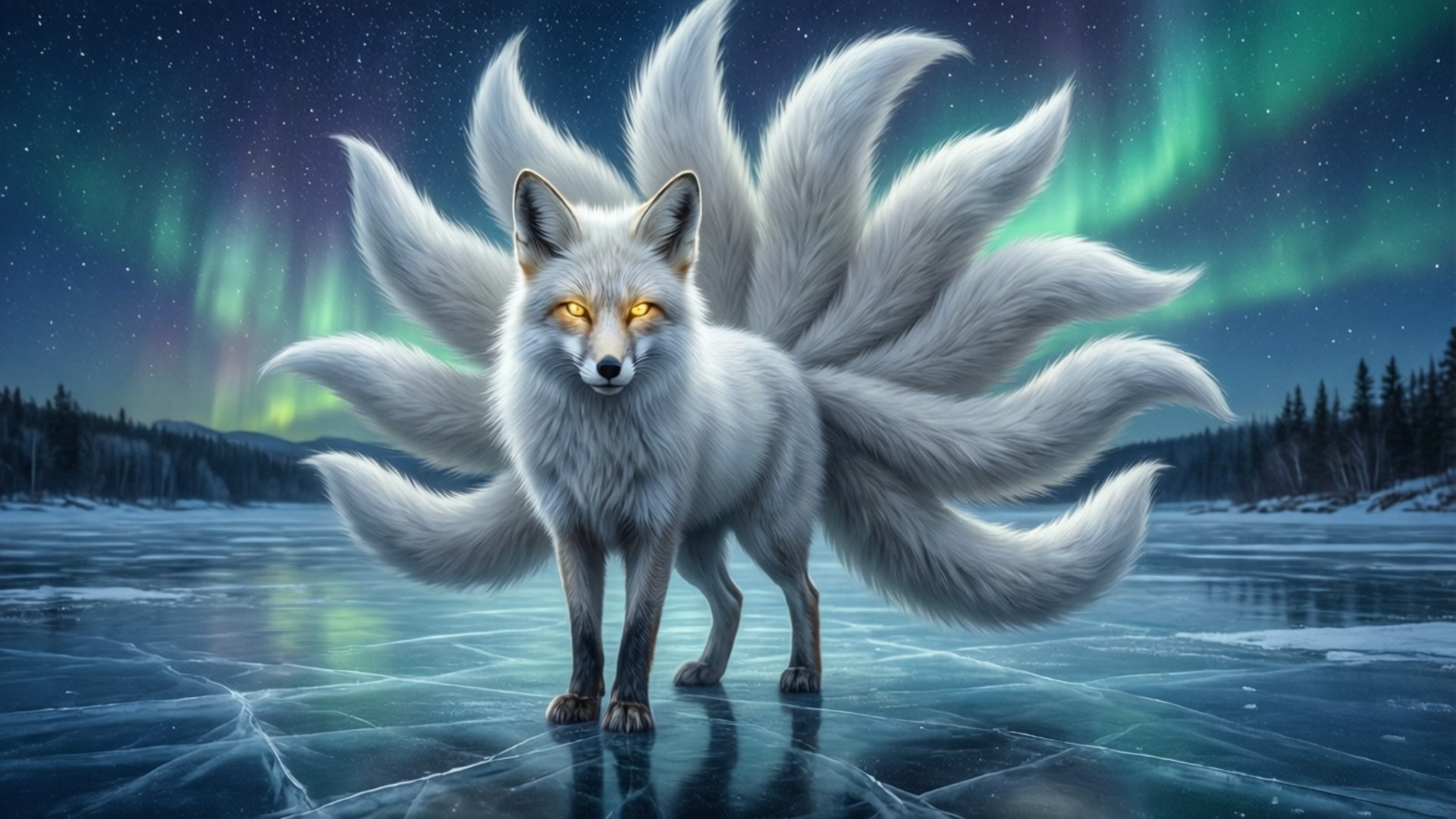 Frozen Aurora Fox 壁紙 — 一隻雄偉的白色九尾狐，擁有發光的琥珀色眼睛，站在冰凍的湖面上，上方是充滿活力的綠色北極光。