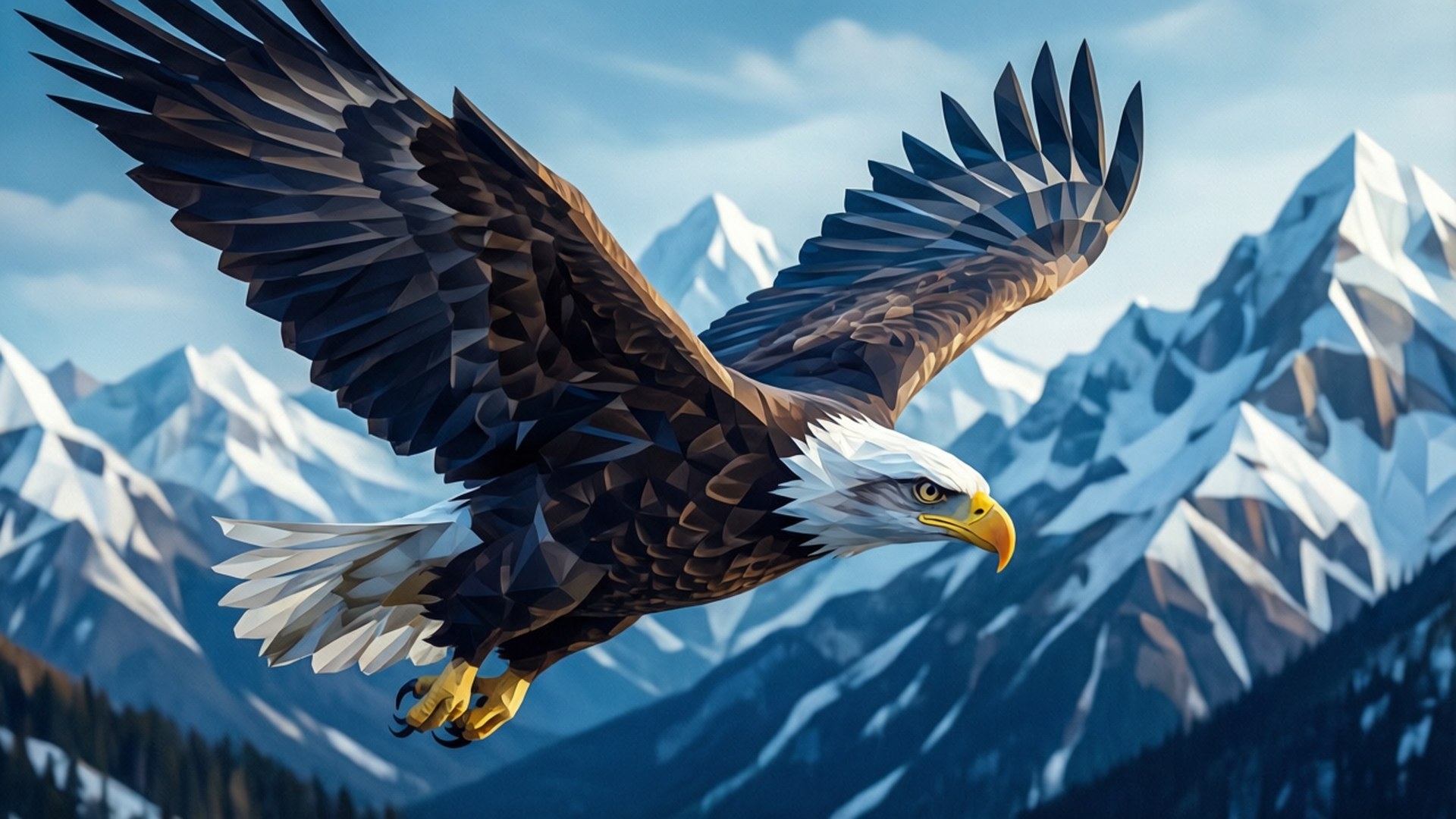 Eagle Over Mountains 壁紙 — 一隻雄偉的白頭鷹展開寬闊的翅膀，在藍天白雲下，以雪山為背景翱翔。