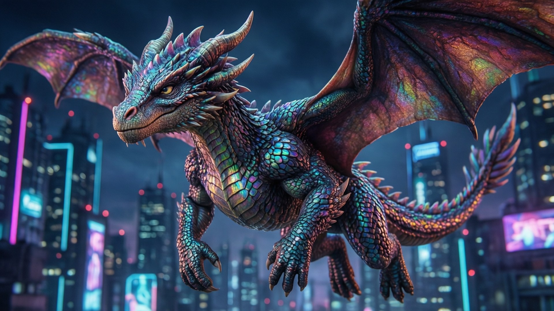 Neon Dragon Flight 壁紙 — 一隻雄偉的彩虹龍，帶有發光的鱗片，在夜晚霓虹燈閃爍的未來城市景觀上空翱翔。