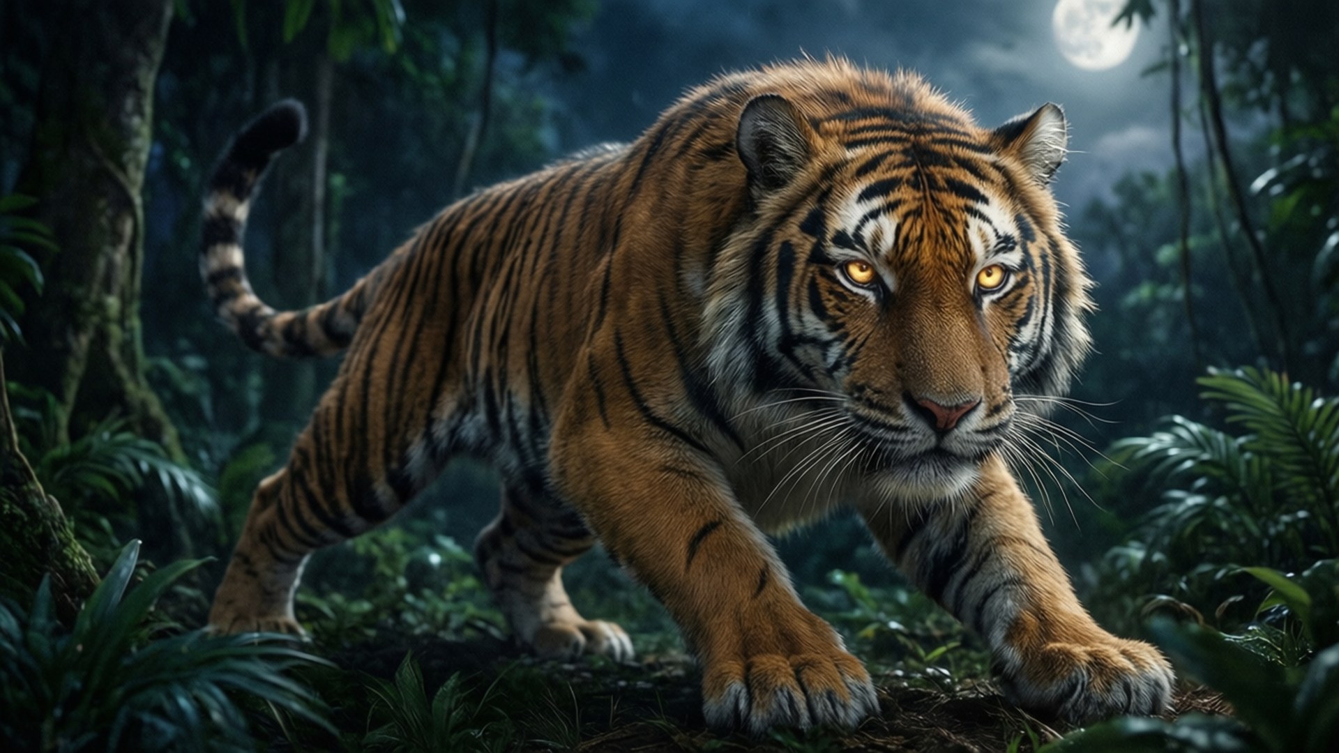 Pumyra's Predator Stance 壁紙 — 一隻雄偉的橙色老虎帶有黑色條紋，在明亮的滿月下，月光照耀的叢林中徘徊。