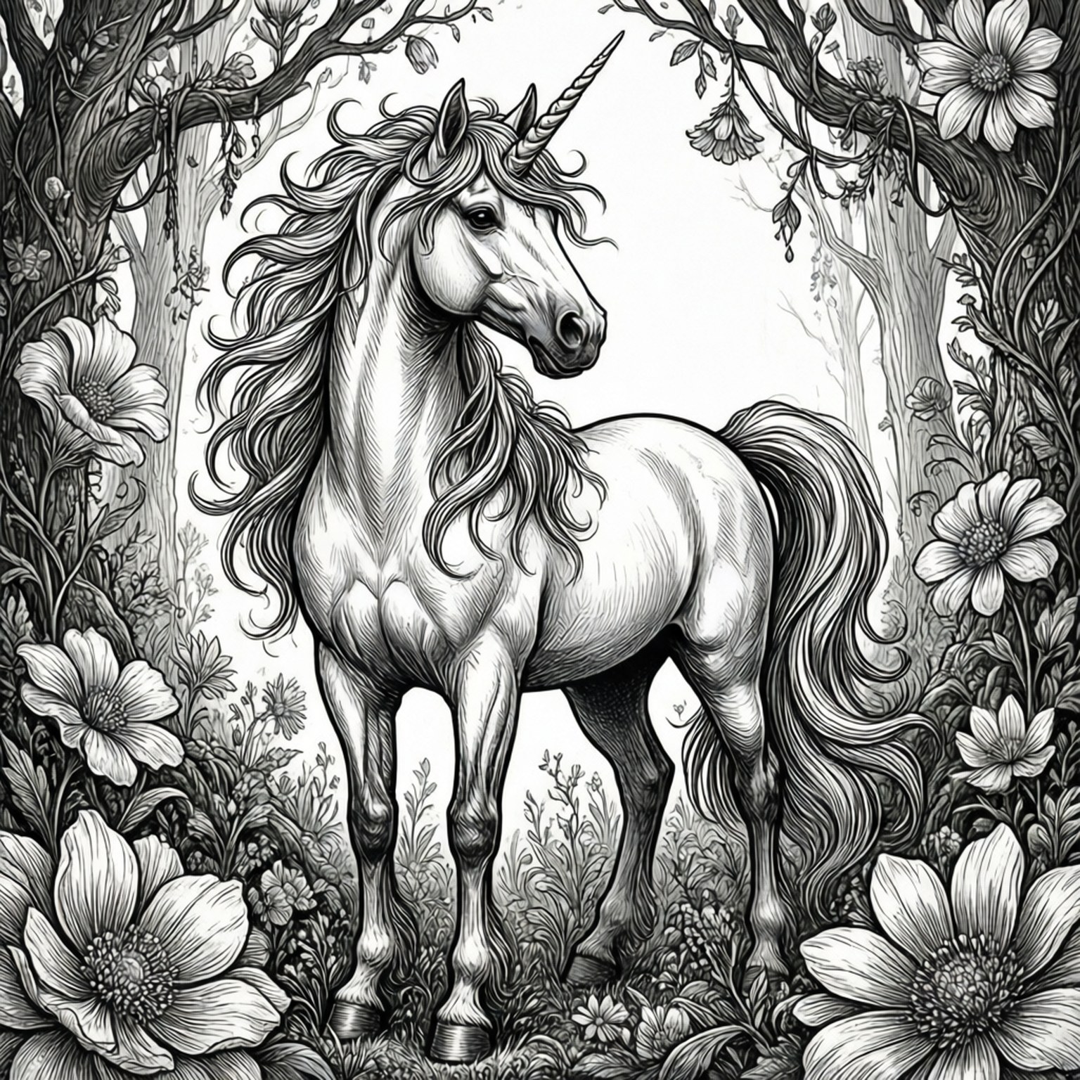 Coloring Pages 桌布 壁紙 — 一隻雄偉的獨角獸優雅地站在茂密的森林中，周圍環繞著盛開的花朵和扭曲的樹木，以複雜的黑白線條藝術呈現。