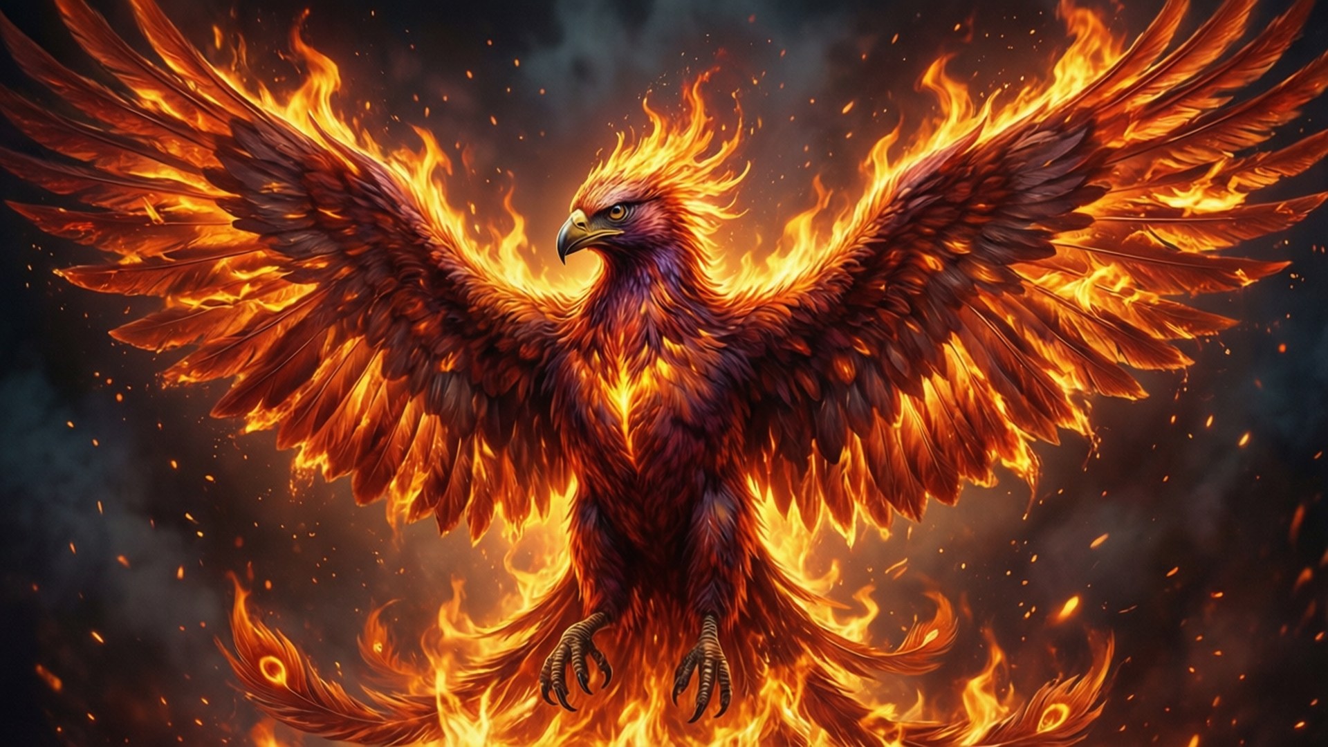 Phoenix Rising in Fire 壁紙 — 一隻雄偉的鳳凰，擁有火橙色的翅膀，在黑暗煙霧瀰漫的天空中展開燃燒，周圍漂浮著餘燼。