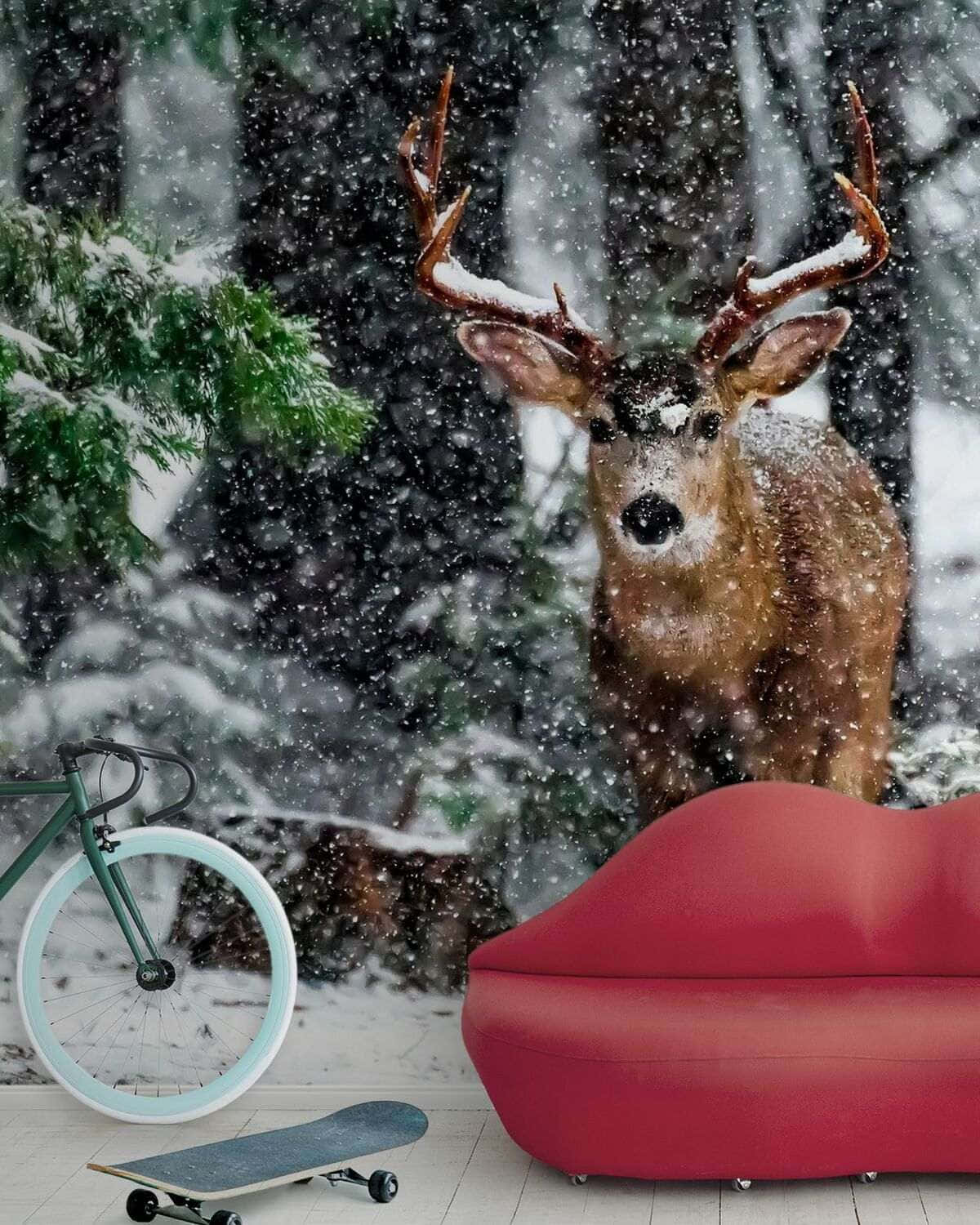  壁紙 — 一隻雄偉的、覆蓋著雪的鹿站在冬季森林中，雪花飄落，由紅色唇形沙發、綠色腳踏車和滑板框出一個超現實的室內場景。