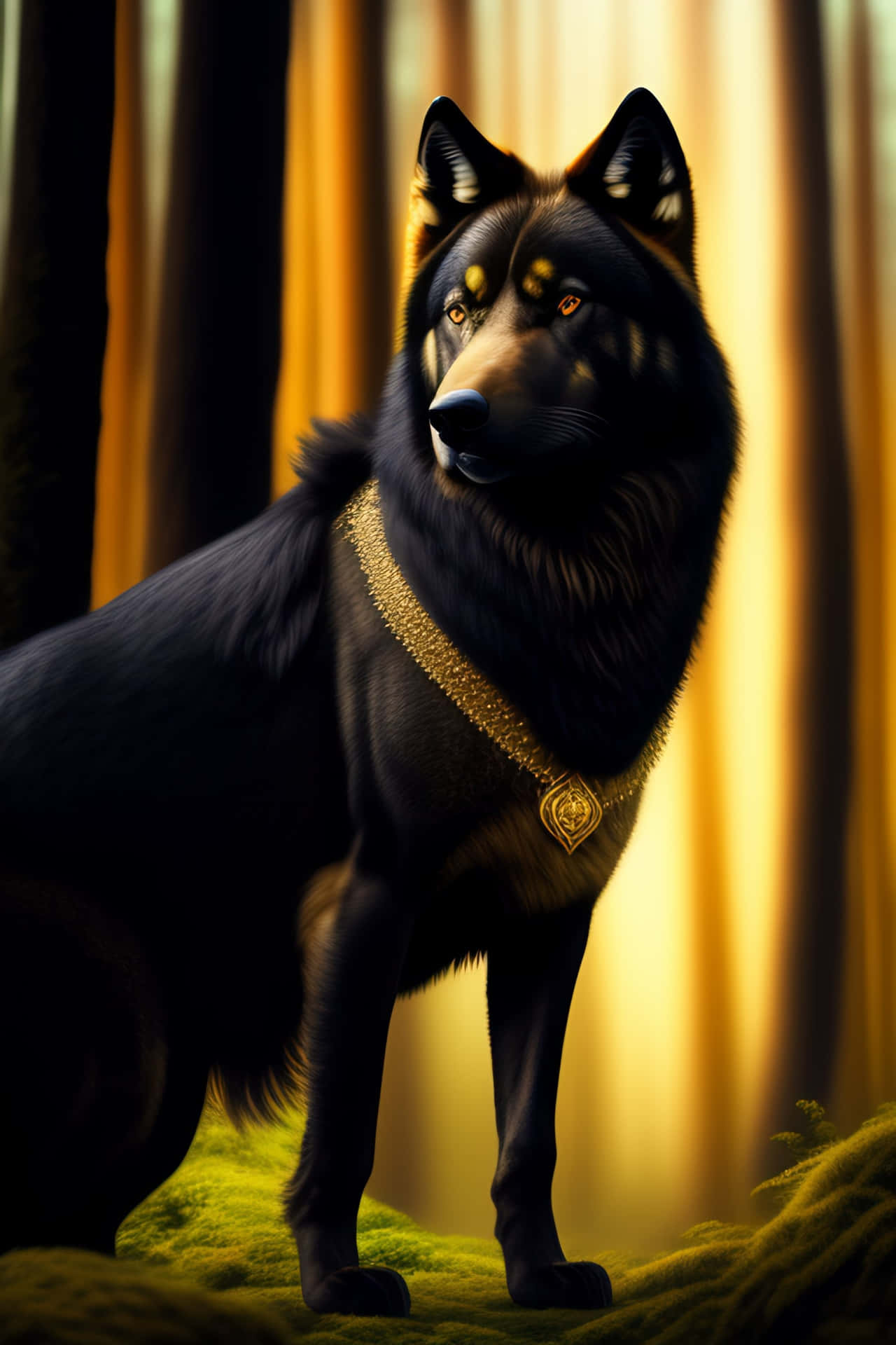  壁紙 — 一隻雄偉的黑狼，擁有金色的眼睛和華麗的項圈，在陽光明媚的森林空地中警覺地站立。