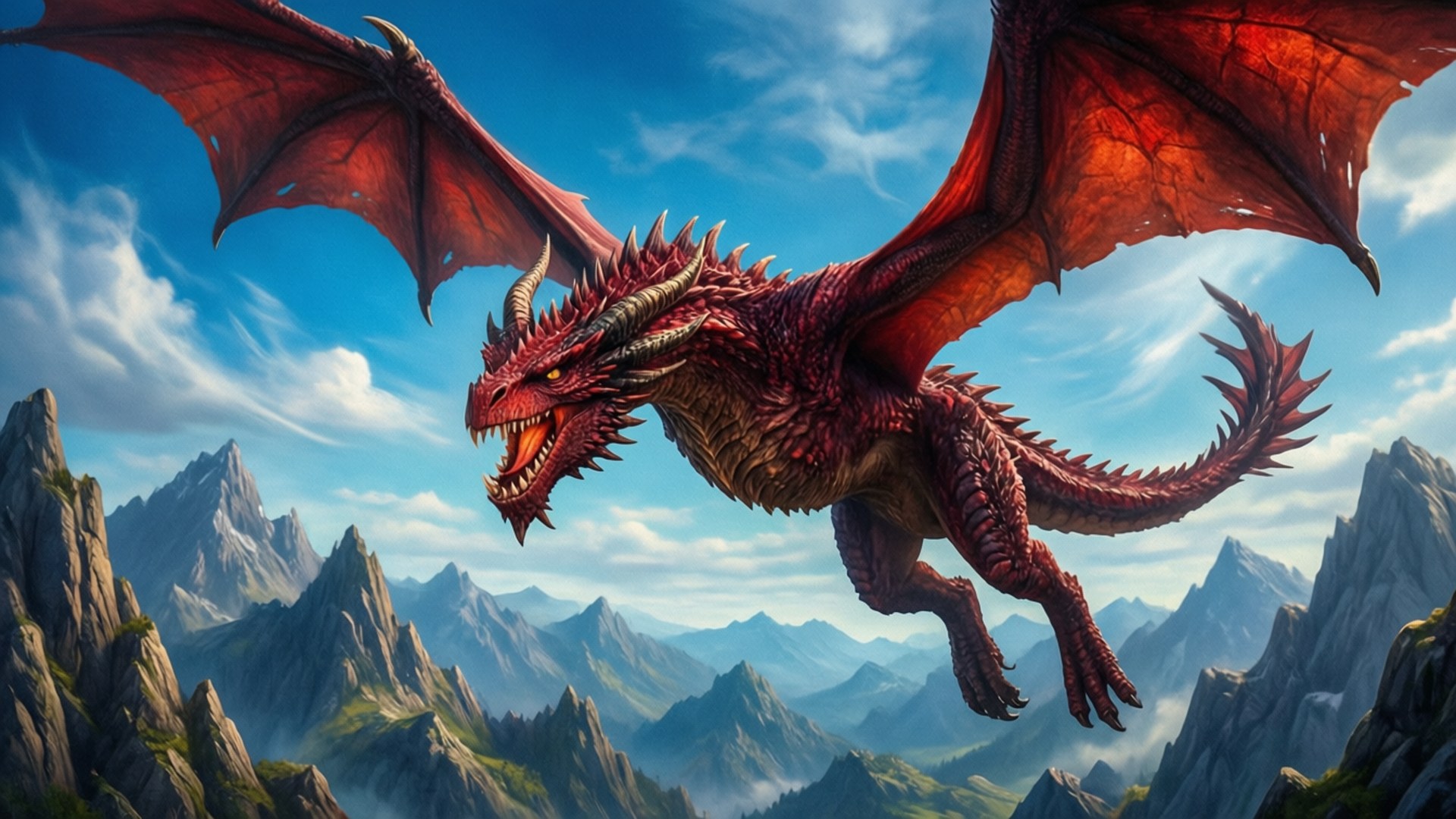 Dragon's Dominion 壁紙 — 一隻雄偉的紅色龍展開翅膀，在明亮的藍天下翱翔於崎嶇的山峰之上。