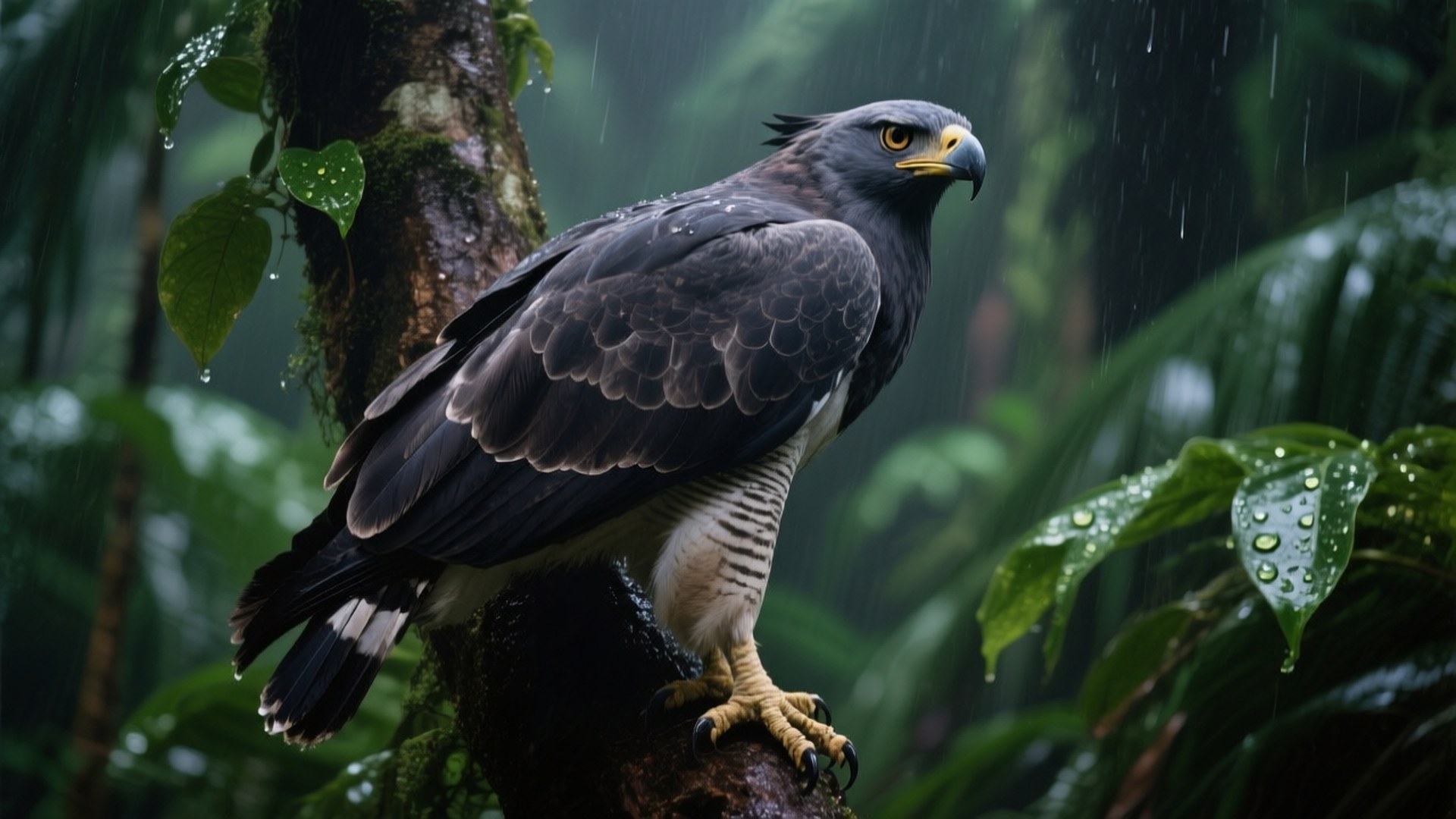 Harpy Eagle in Rainforest 壁紙 — 一隻雄偉的角鵰棲息在長滿苔蘚的樹枝上，身處雨淋的熱帶叢林，葉片上閃爍著水珠。