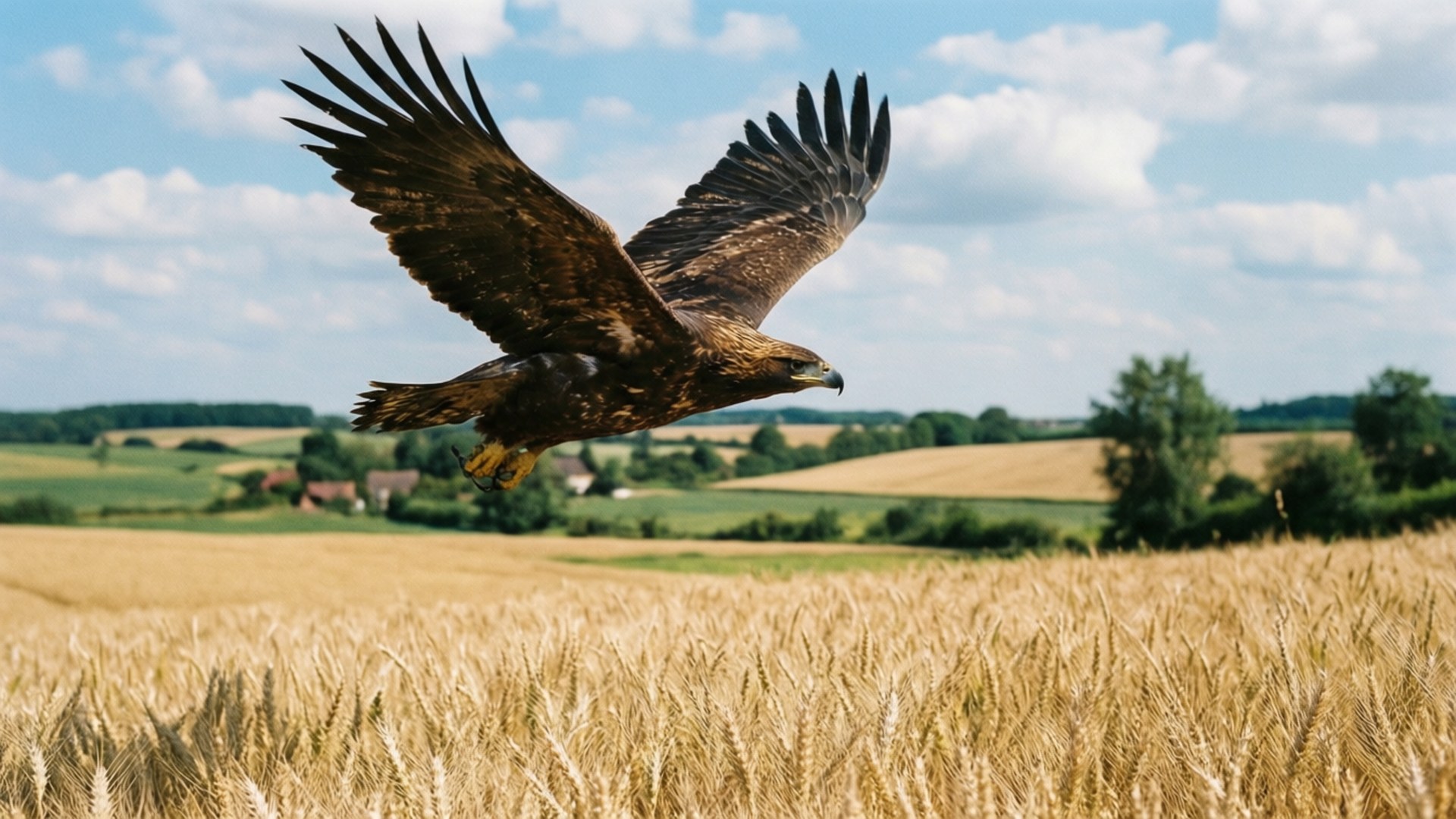 Eagle Over Wheat Fields 壁紙 — 一隻雄偉的金雕展開寬闊的翅膀，在陽光照耀的小麥田上空翱翔，背景是藍天和 fluffy 白雲。