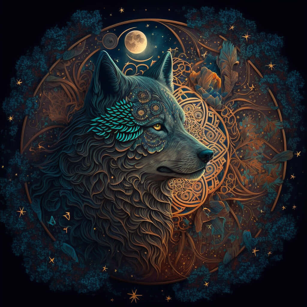  壁紙 — 一隻雄偉的狼，帶有華麗的藍綠色和金色圖案，在彎月下向前凝視，周圍環繞著宇宙符號和星星。