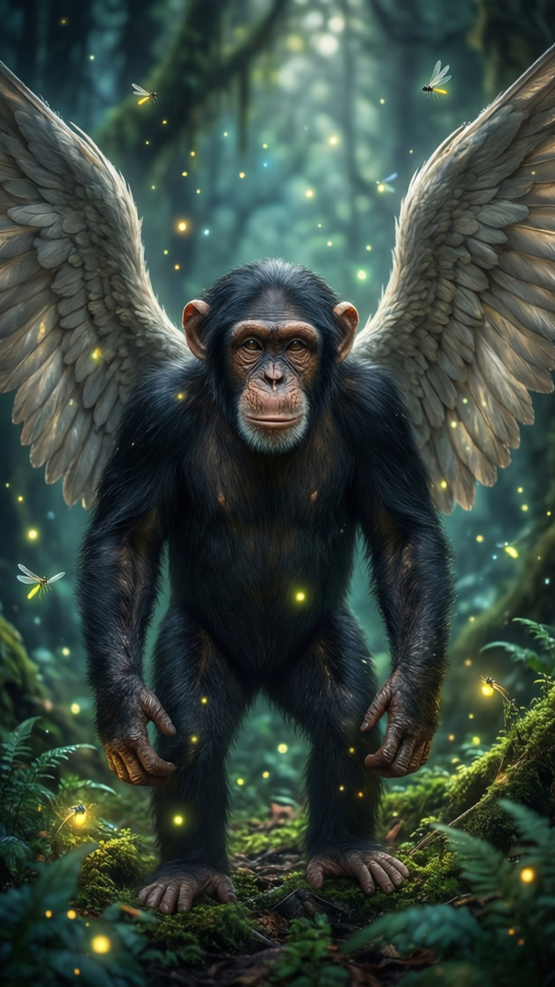Angelic Chimpanzee Fantasy 壁紙 — 一隻雄偉的有翼黑猩猩站在霧氣瀰漫的森林中，螢火蟲和蜻蜓閃爍著光芒。