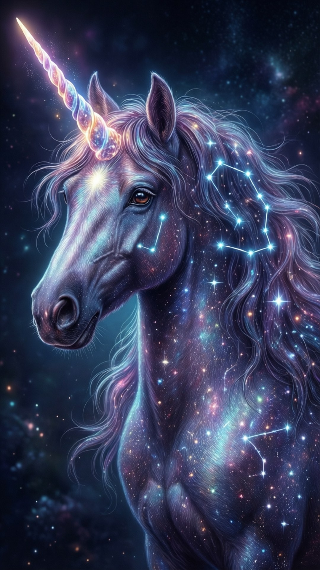 Virgo Unicorn Dream 壁紙 — 一隻雄偉的宇宙獨角獸，擁有發光的角和星塵鬃毛，站在充滿閃爍星星和星座的鮮豔星雲前。