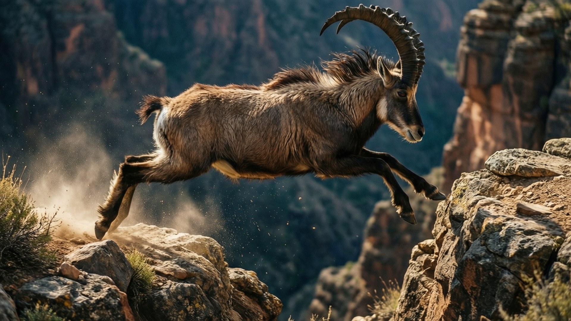 Urial 桌布 壁紙 — 一隻雄偉的羱羊在崎嶇的峽谷懸崖之間騰空躍起，在陽光明媚的沙漠景觀中揚起塵土。